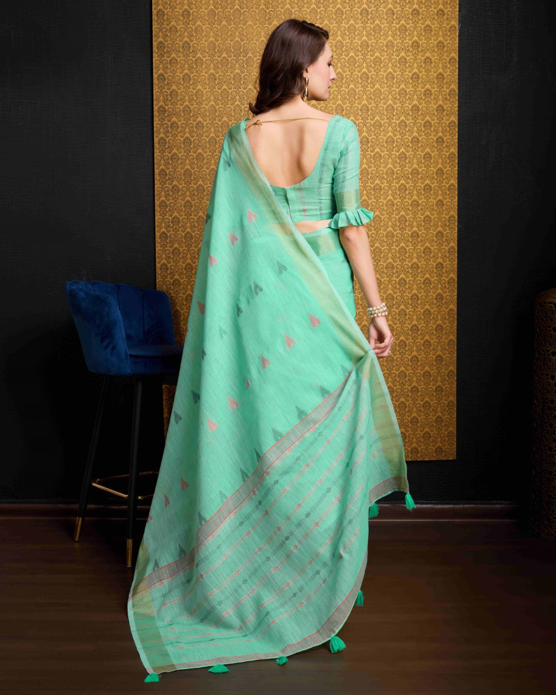 Firozi Elegant & Gold-Toned Ikat Woven Saree with Zari Border