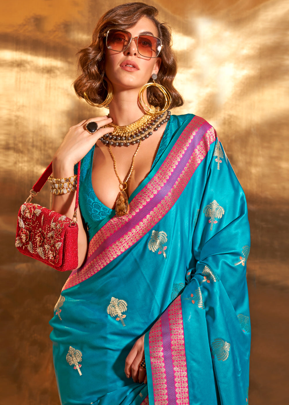 Firozi Elegant Satin Silk Saree – Luxurious Drape for Every Occasion