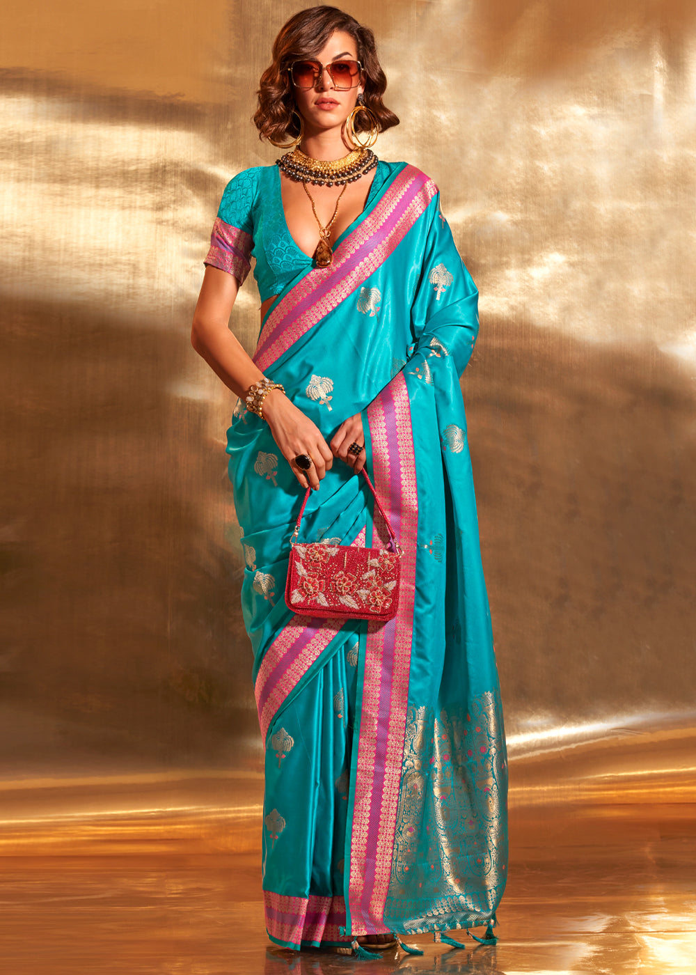 Firozi Elegant Satin Silk Saree – Luxurious Drape for Every Occasion