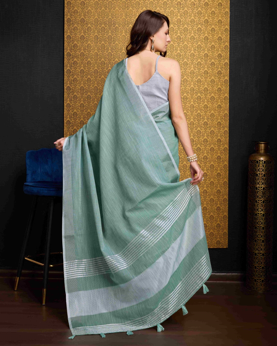 Firozi Elegant Solid Saree with Zari Border – Timeless Grace