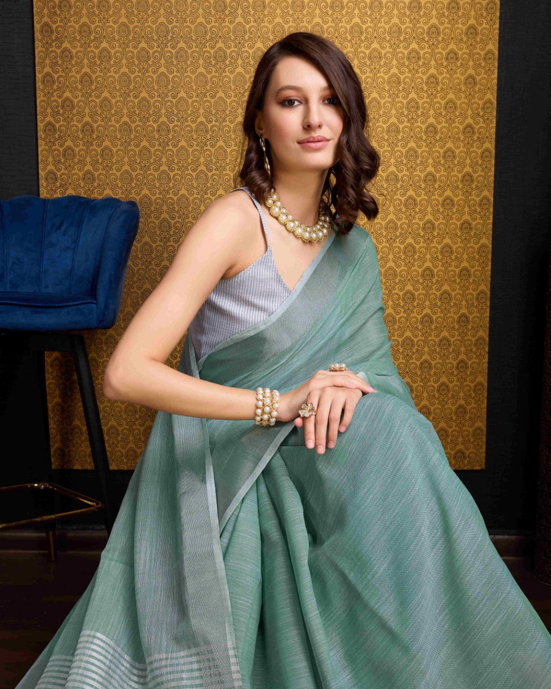 Firozi Elegant Solid Saree with Zari Border – Timeless Grace