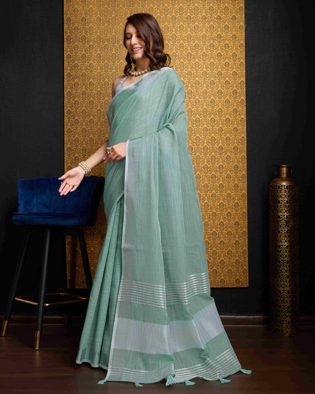 Firozi Elegant Solid Saree with Zari Border – Timeless Grace