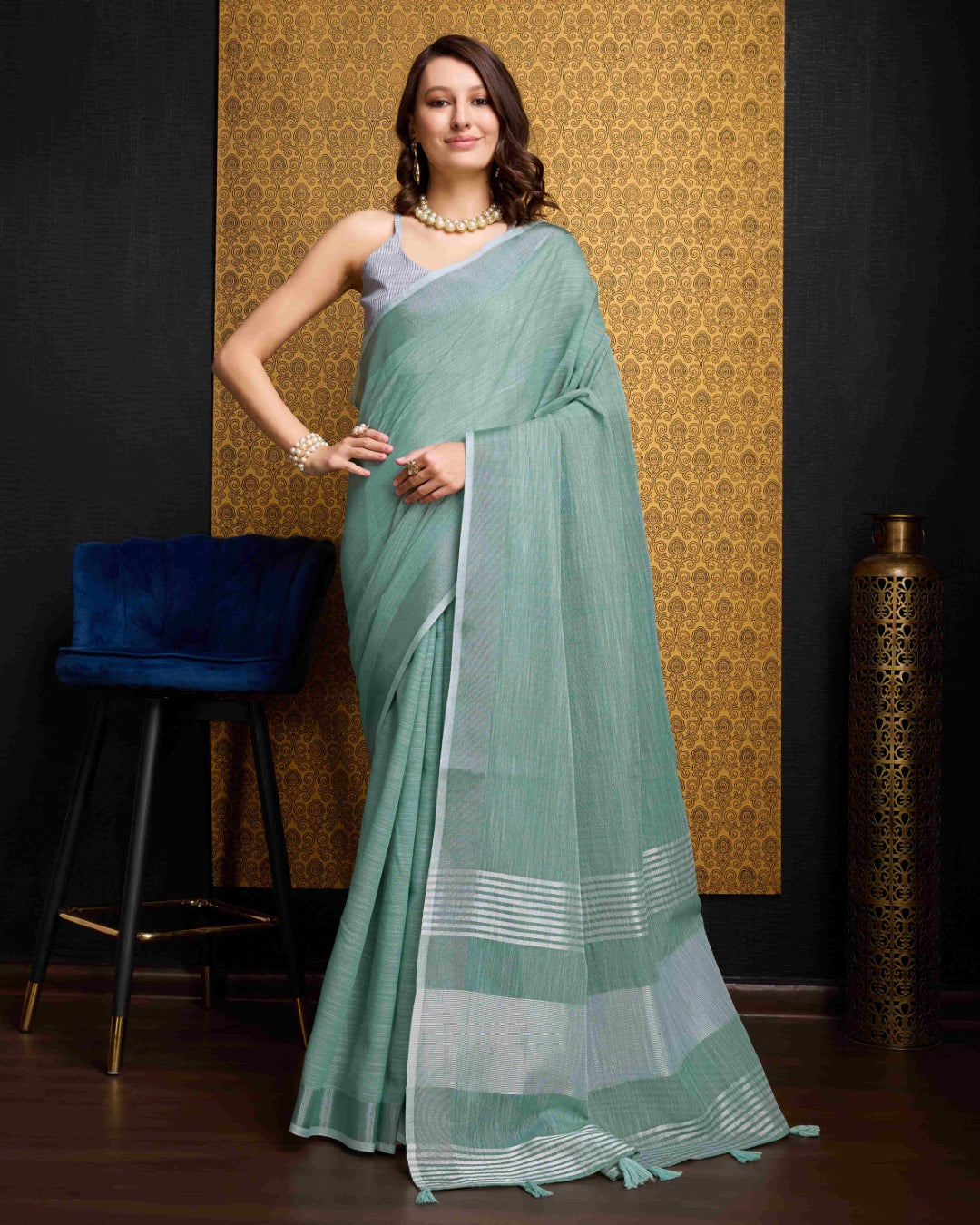 Firozi Elegant Solid Saree with Zari Border – Timeless Grace