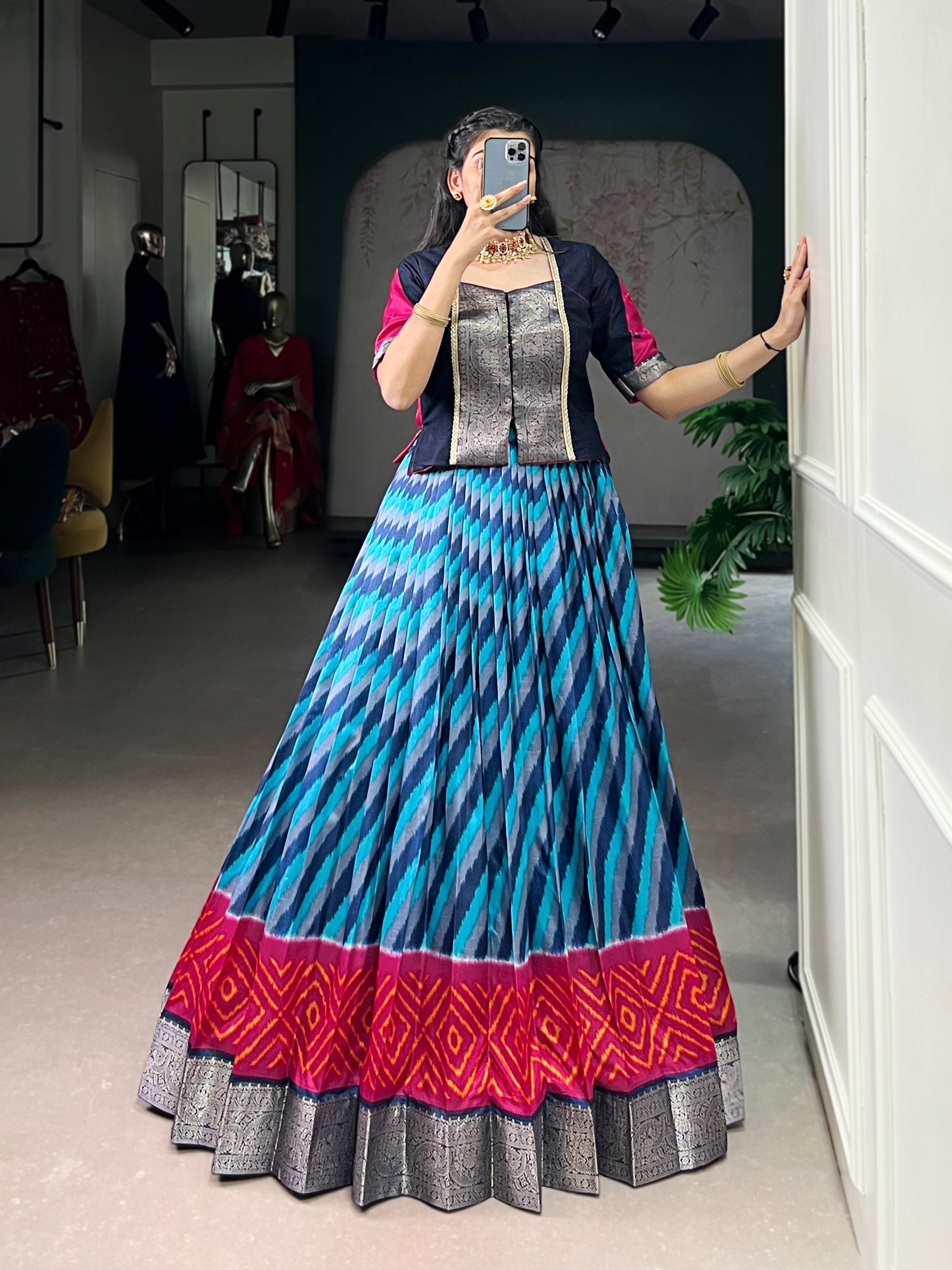 Firozi Elegant Tasar Silk Lehenga with Leheriya Print & Zari Work – Stitched Lehenga with Vichitra Silk Blouse
