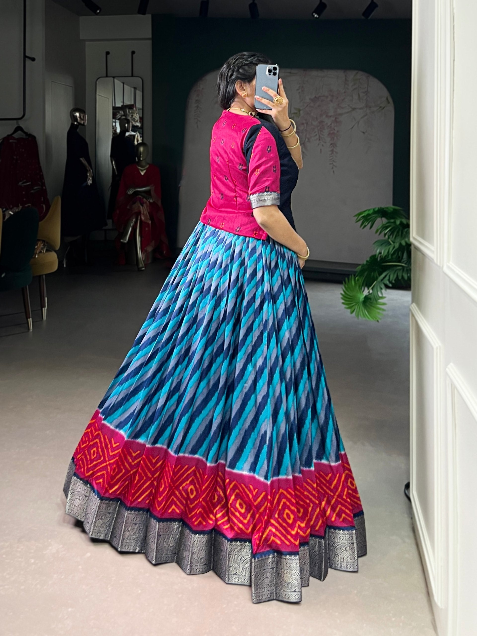 Firozi Elegant Tasar Silk Lehenga with Leheriya Print & Zari Work – Stitched Lehenga with Vichitra Silk Blouse