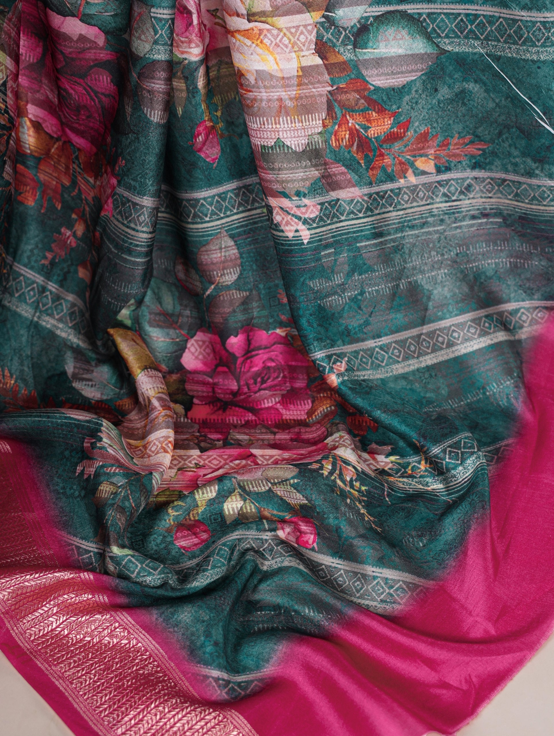 Firozi Graceful Tussar Silk Printed Saree with Viscose Border