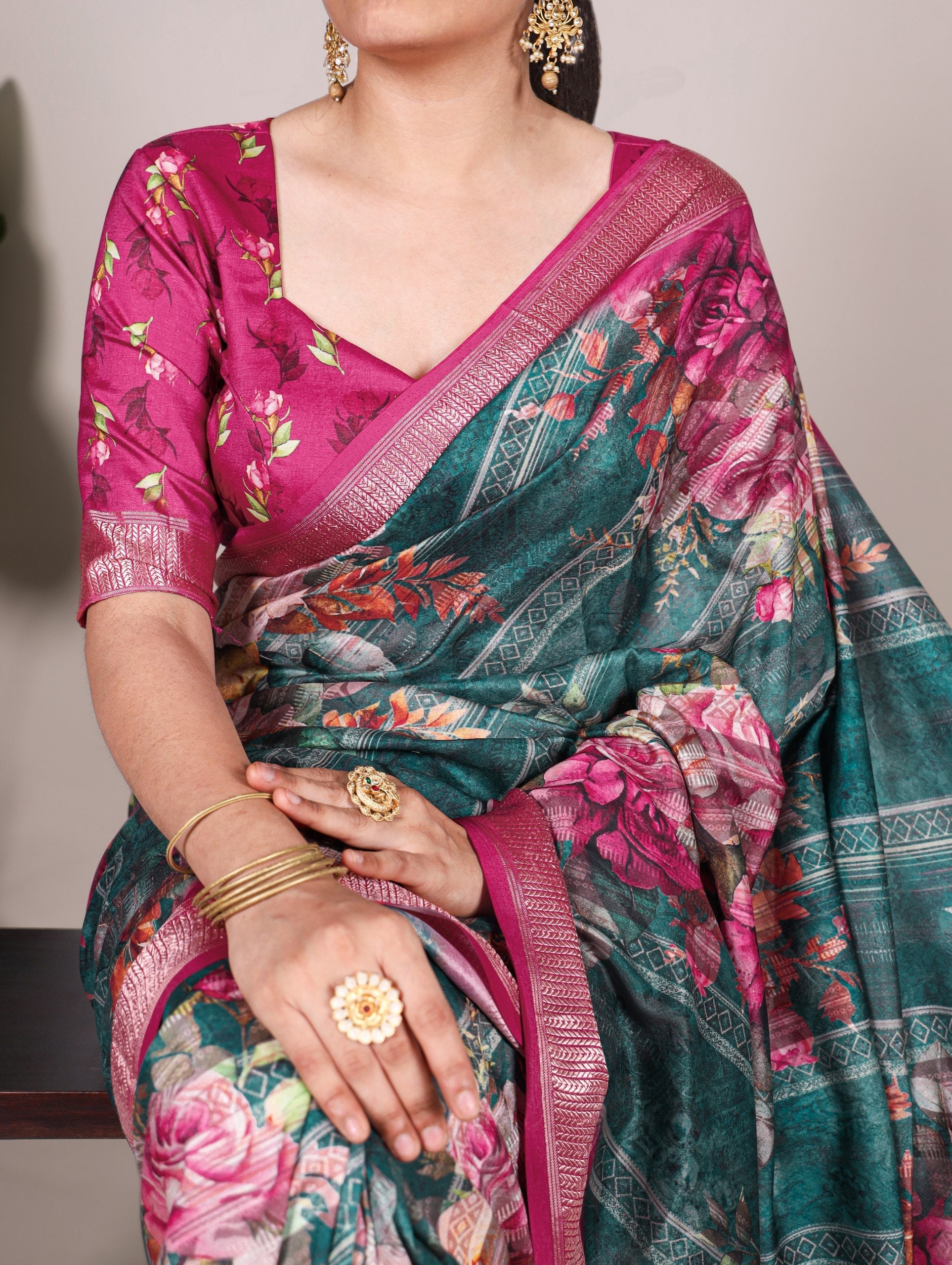 Firozi Graceful Tussar Silk Printed Saree with Viscose Border