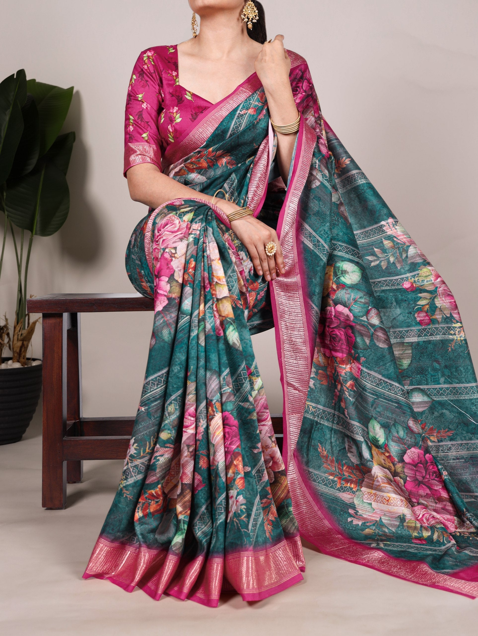 Firozi Graceful Tussar Silk Printed Saree with Viscose Border