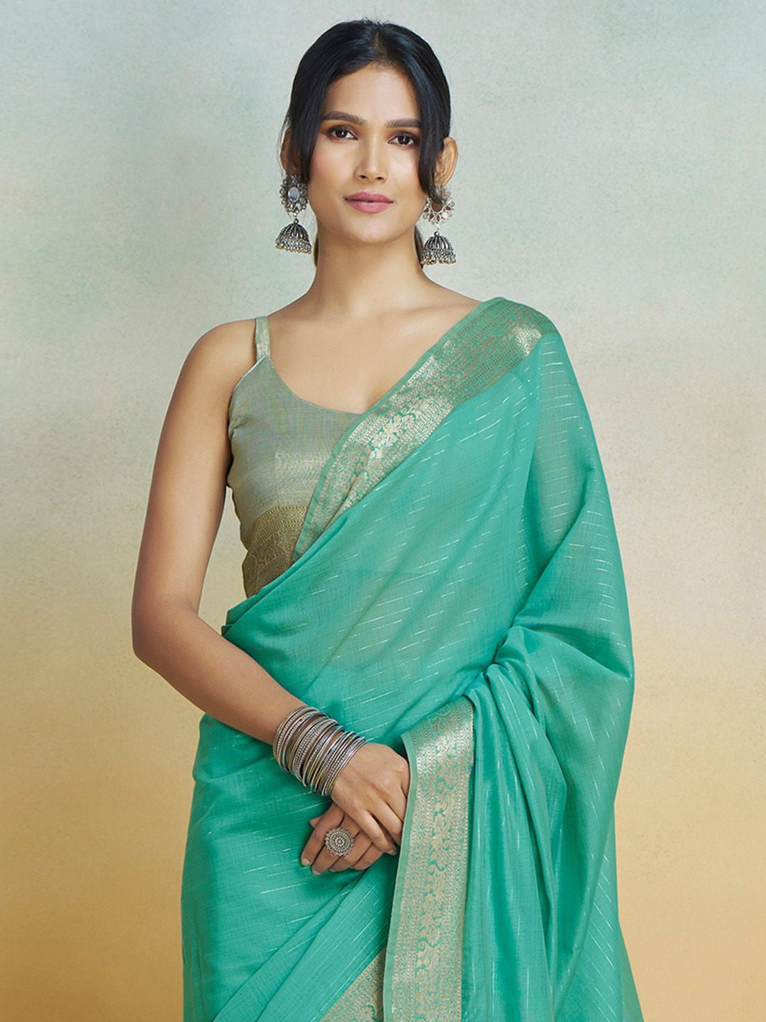 Firozi Graceful Woven Handloom Pure Cotton Saree with Chanderi Cotton