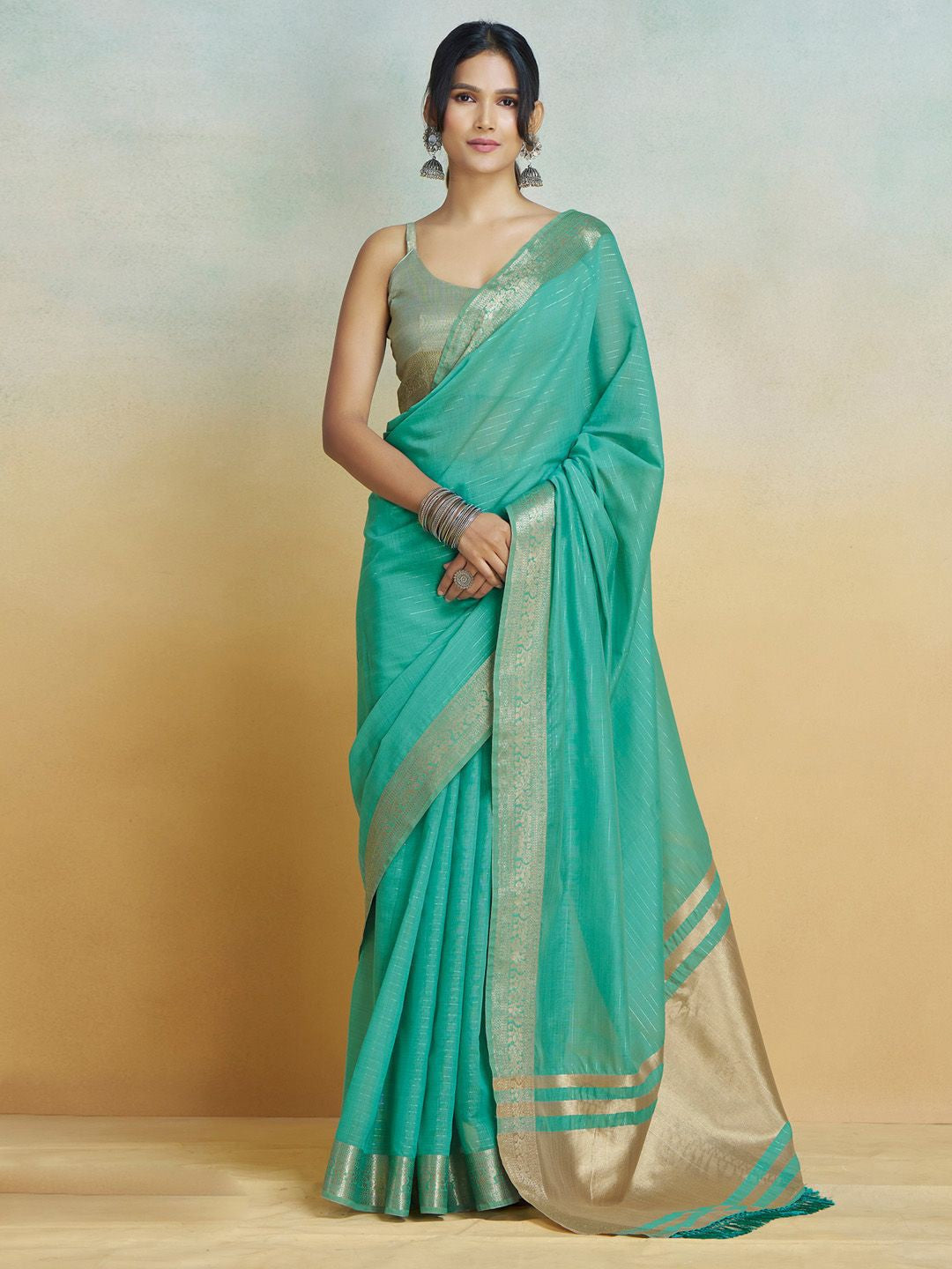 Firozi Graceful Woven Handloom Pure Cotton Saree with Chanderi Cotton