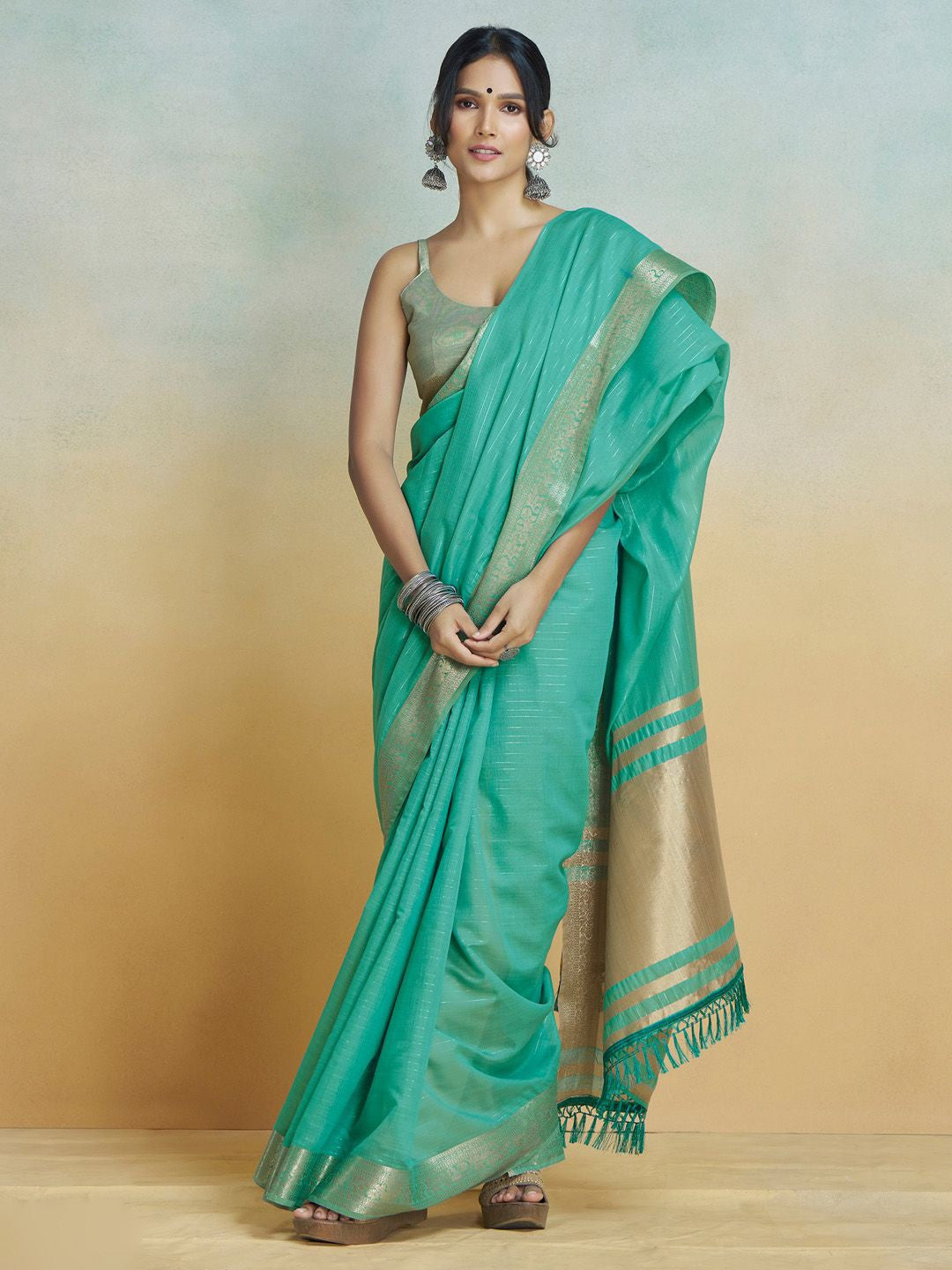 Firozi Graceful Woven Handloom Pure Cotton Saree with Chanderi Cotton