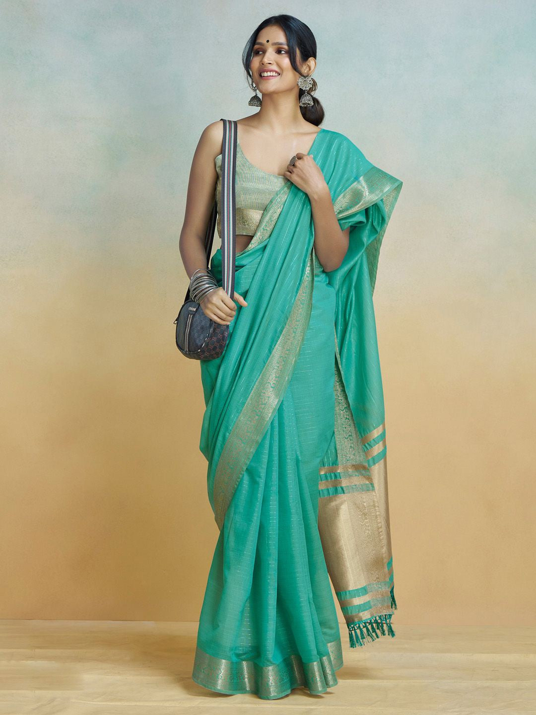 Firozi Graceful Woven Handloom Pure Cotton Saree with Chanderi Cotton