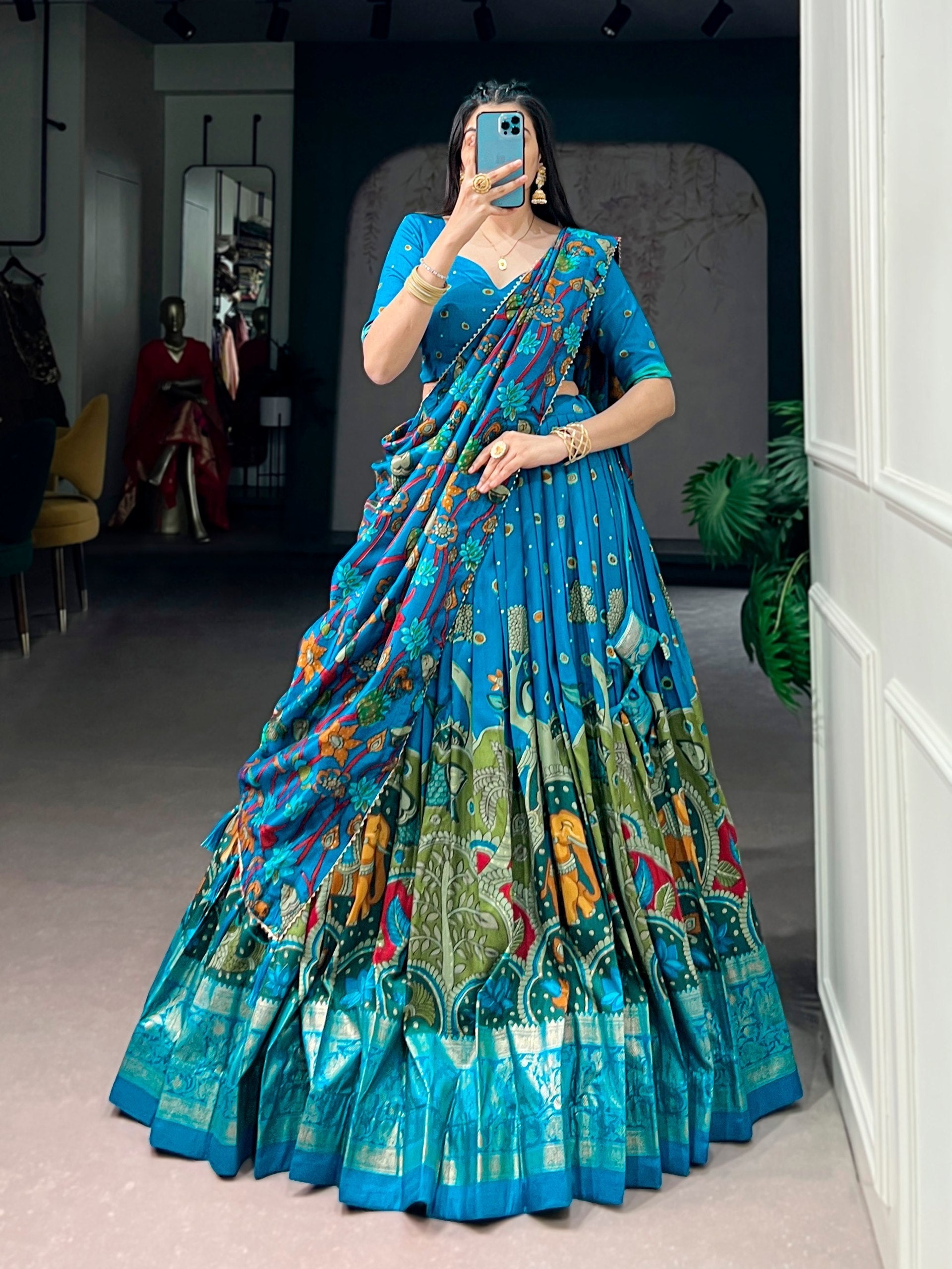 Firozi Kalamkari Print Lehenga Choli