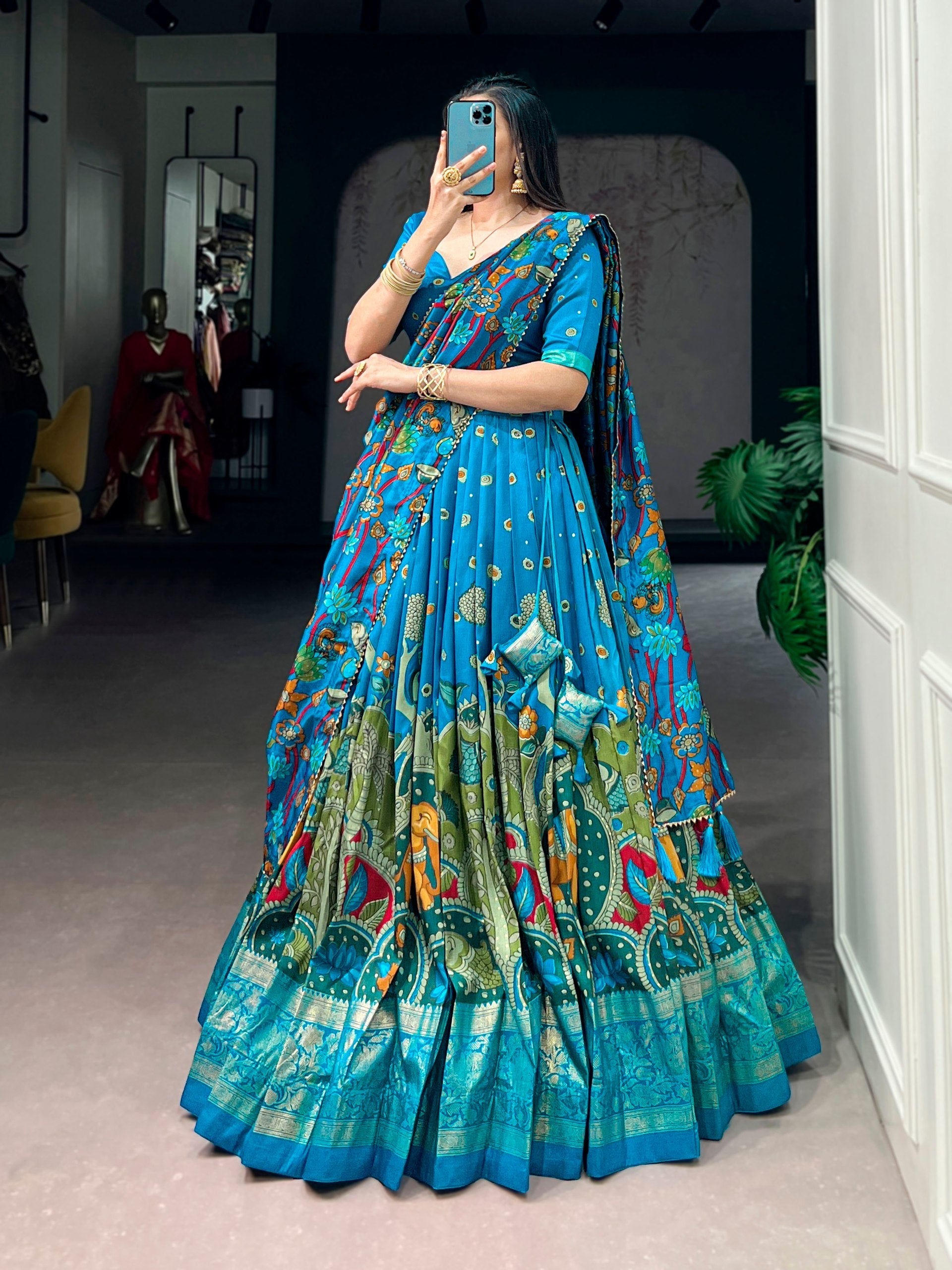 Firozi Kalamkari Print Lehenga Choli