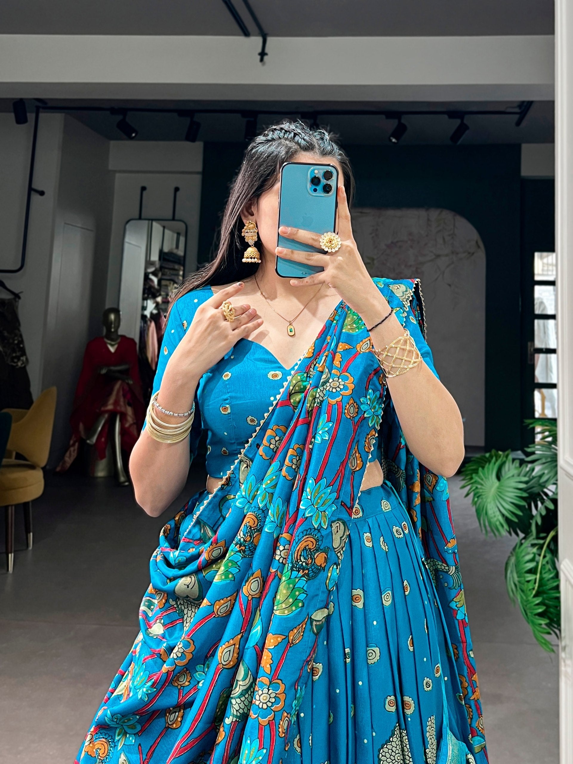 Firozi Kalamkari Print Lehenga Choli