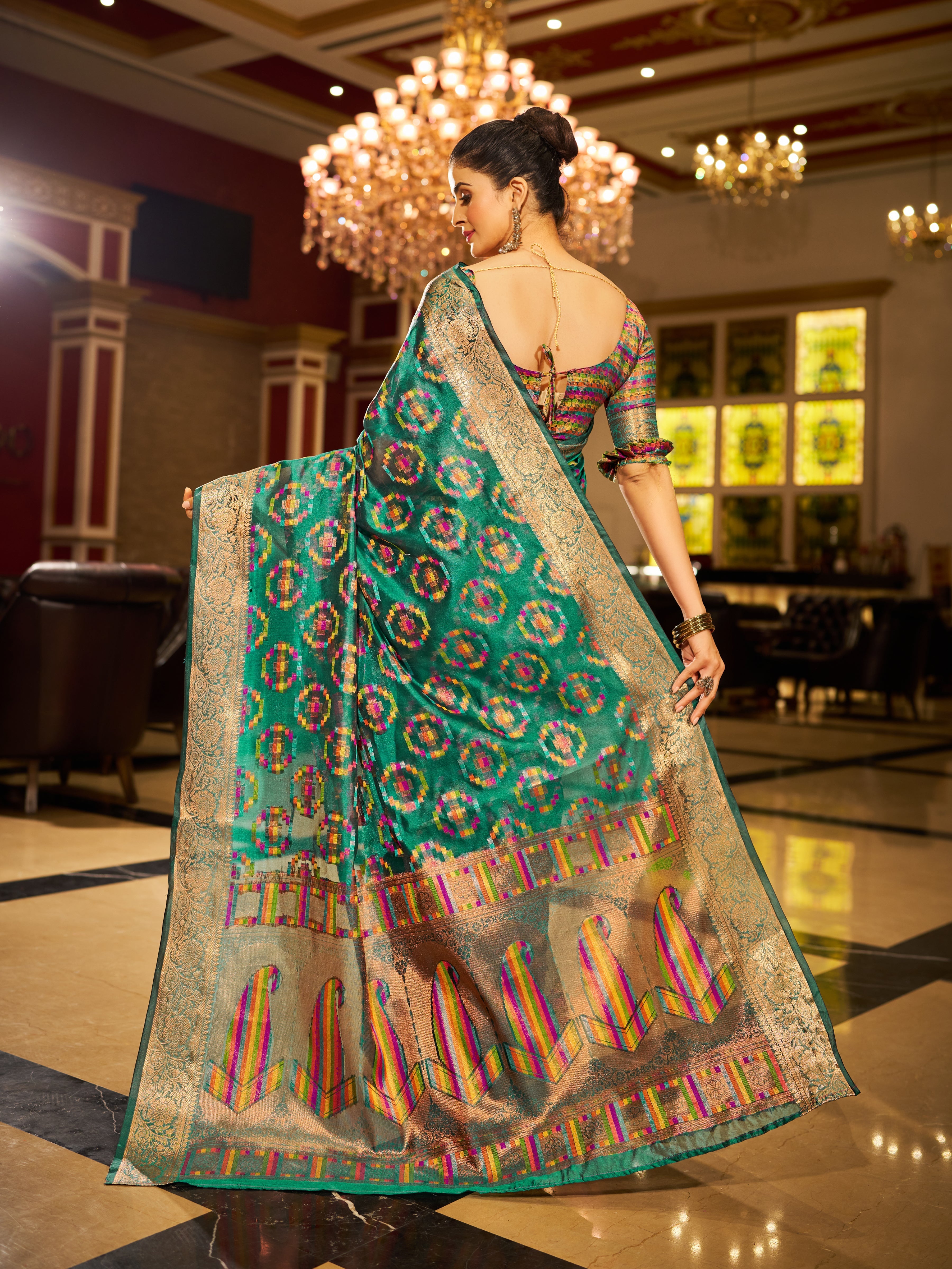 Firozi Regal Kanjeevaram Organza Saree with Zari Woven Border