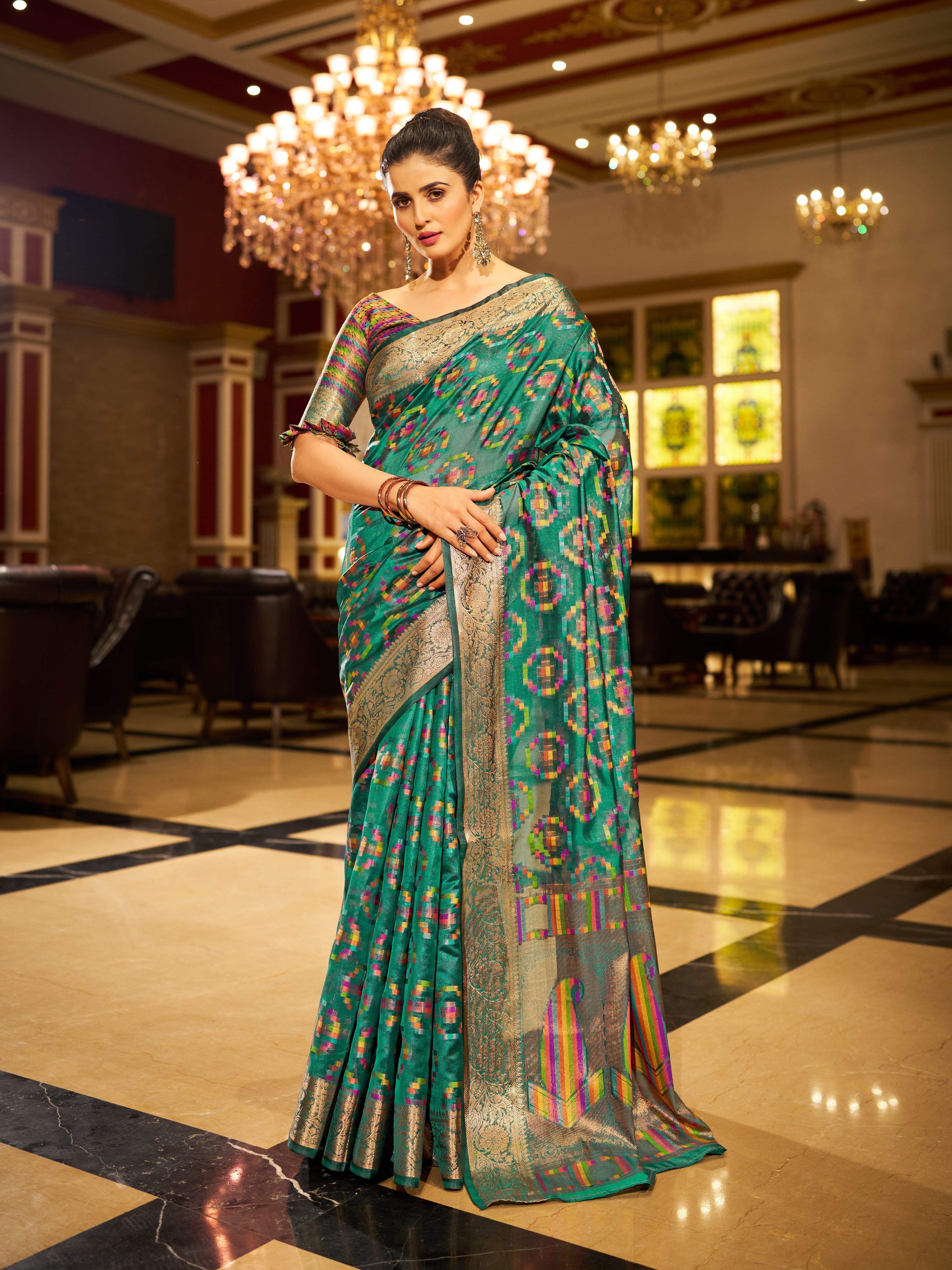 Firozi Regal Kanjeevaram Organza Saree with Zari Woven Border