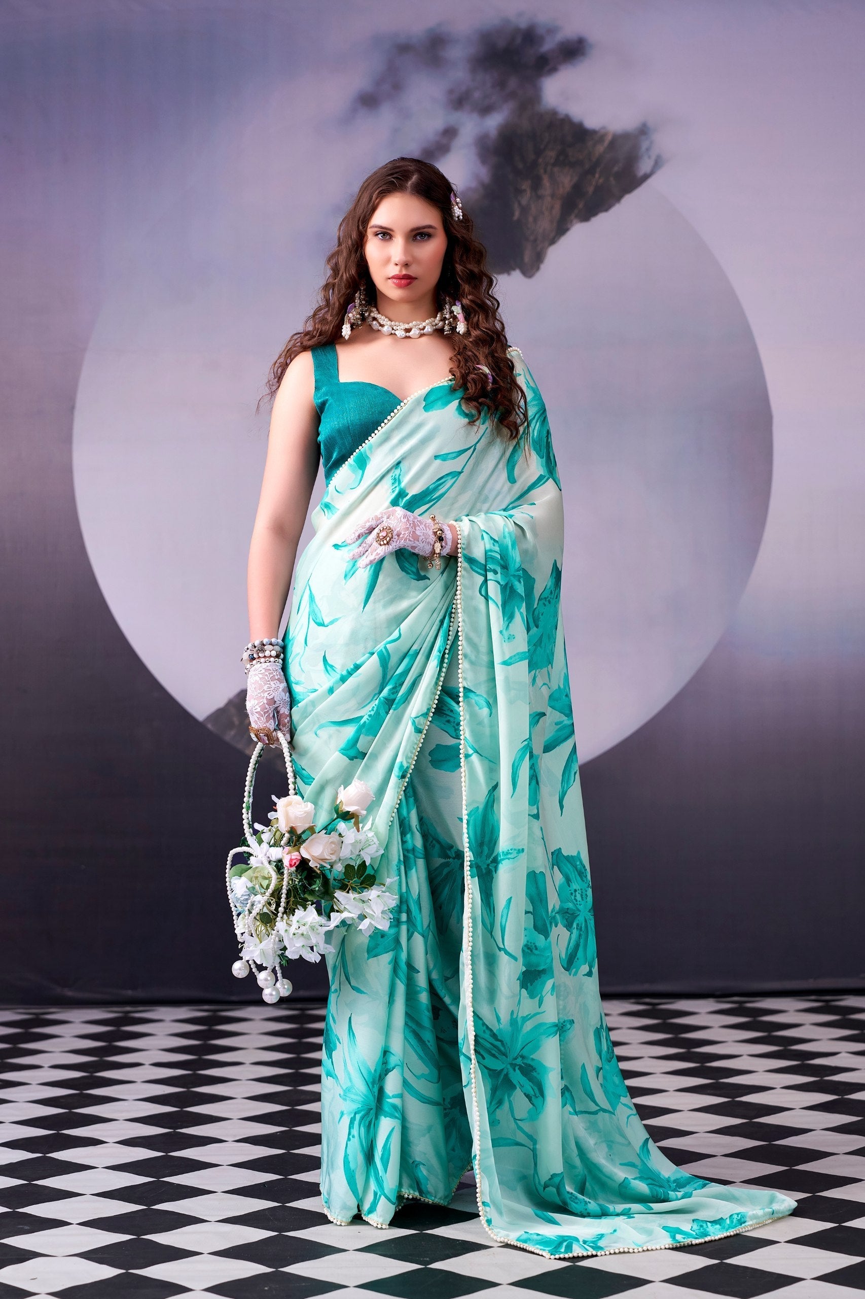Firozi Satin Silk Saree Pearl Border