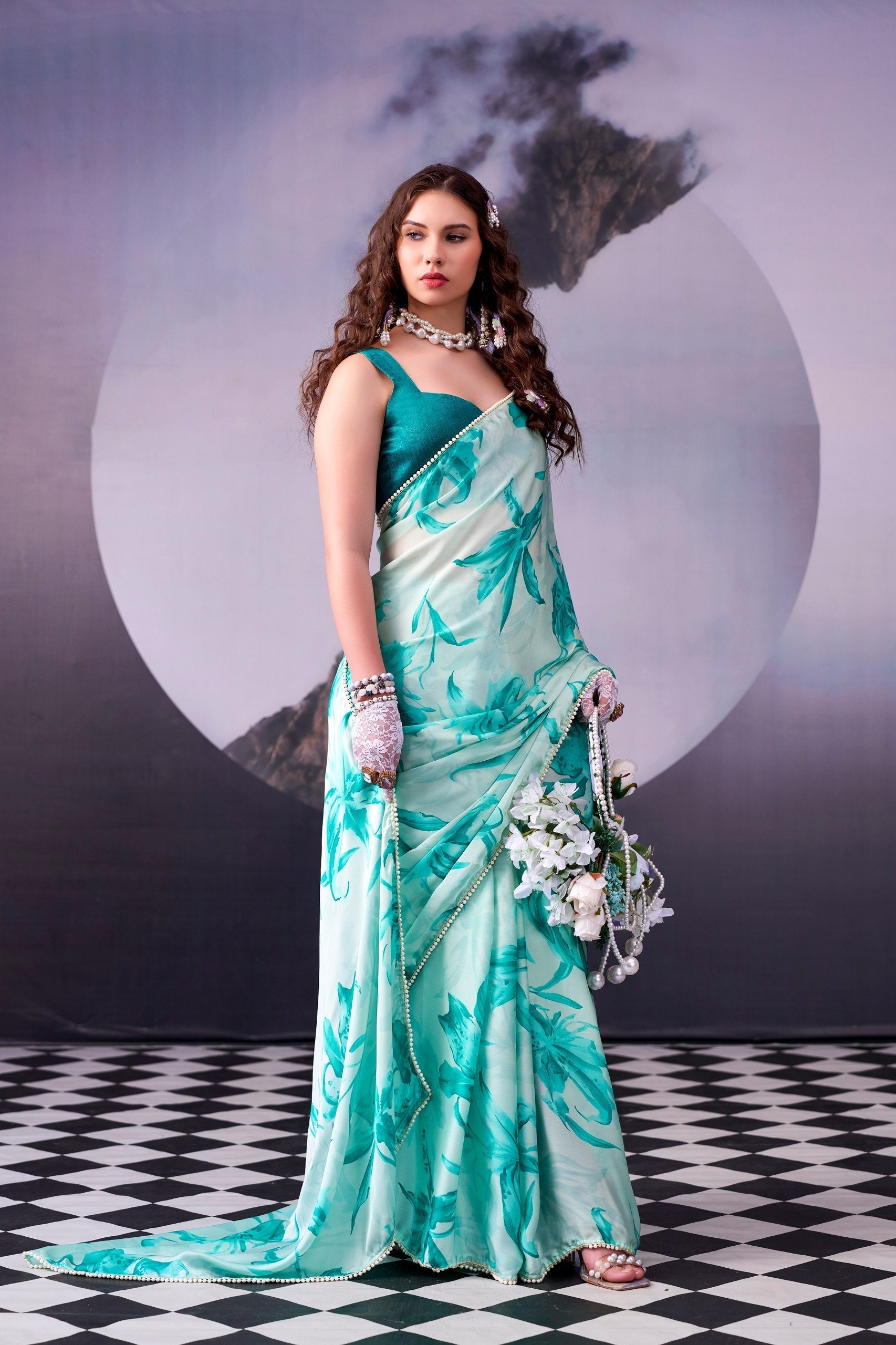 Firozi Satin Silk Saree Pearl Border
