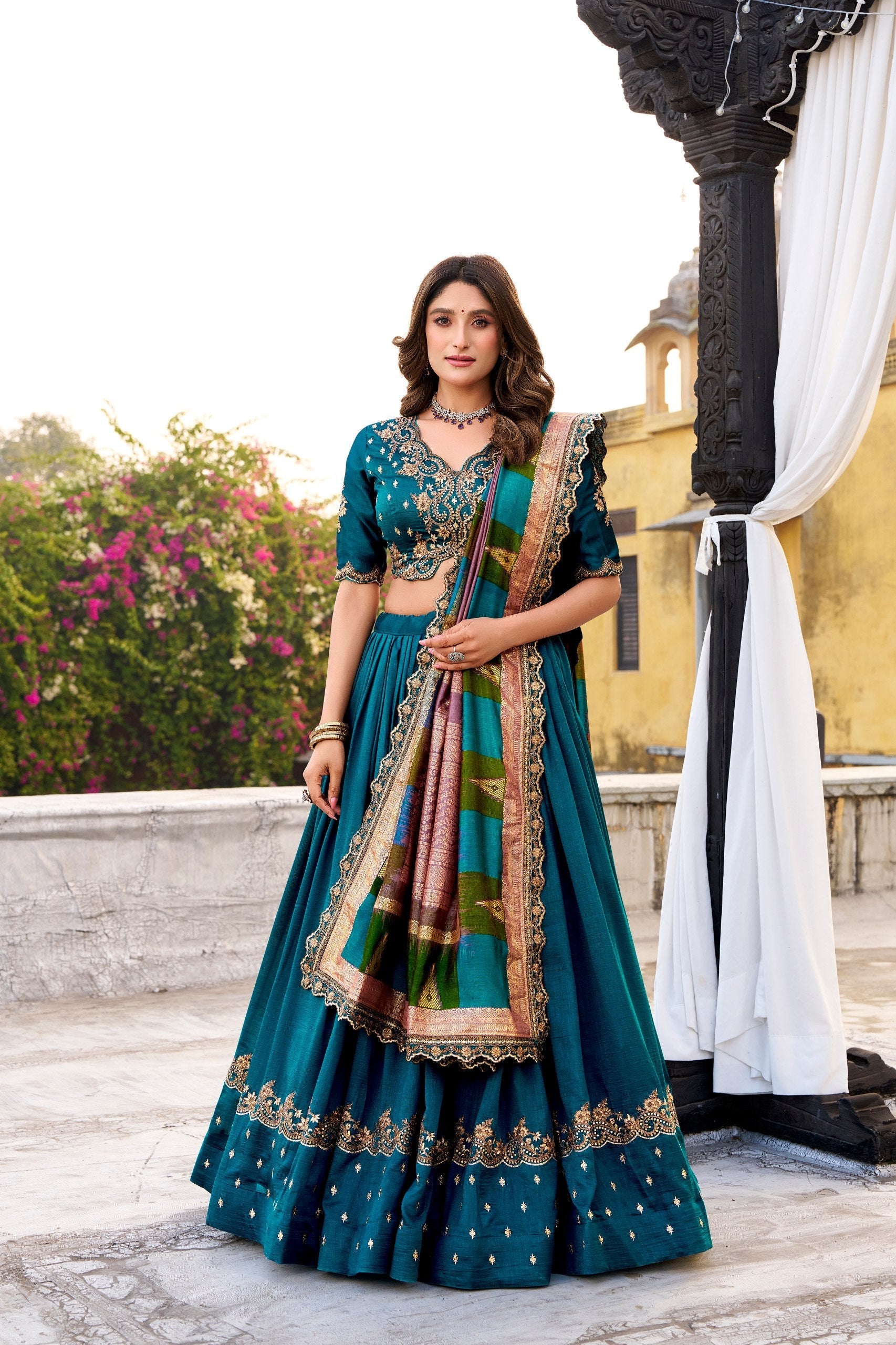 Firozi Silk Embroidered Lehenga Set
