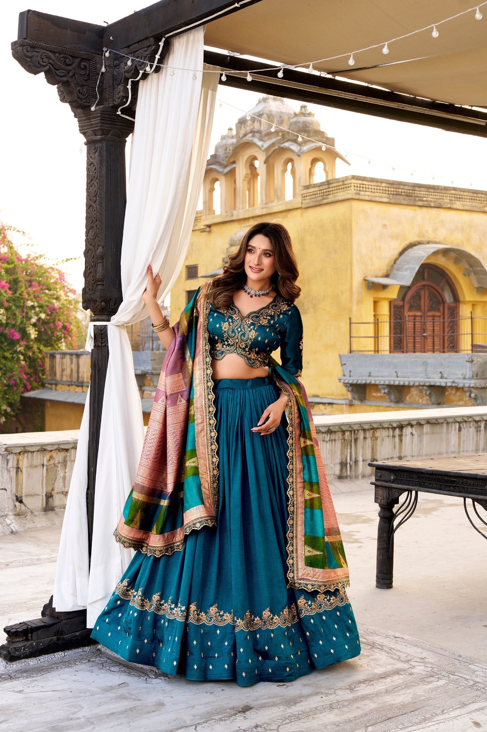Firozi Silk Embroidered Lehenga Set