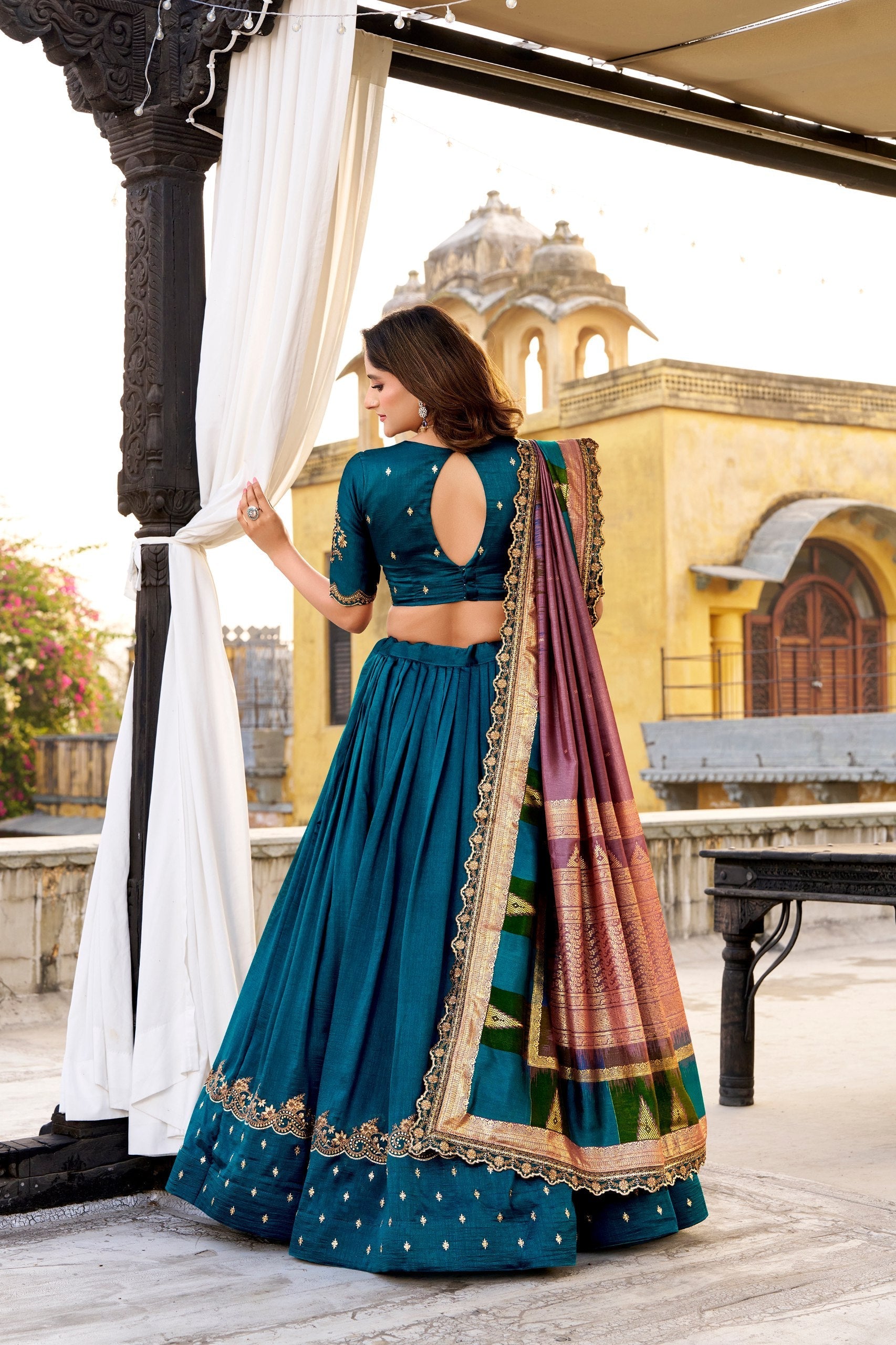 Firozi Silk Embroidered Lehenga Set