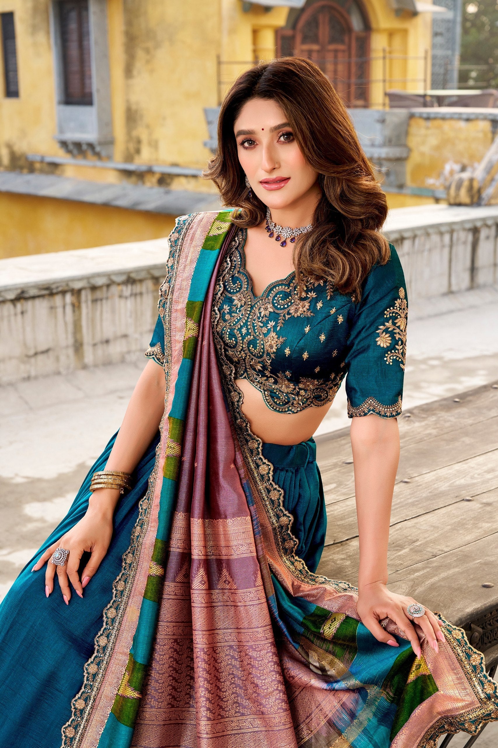 Firozi Silk Embroidered Lehenga Set