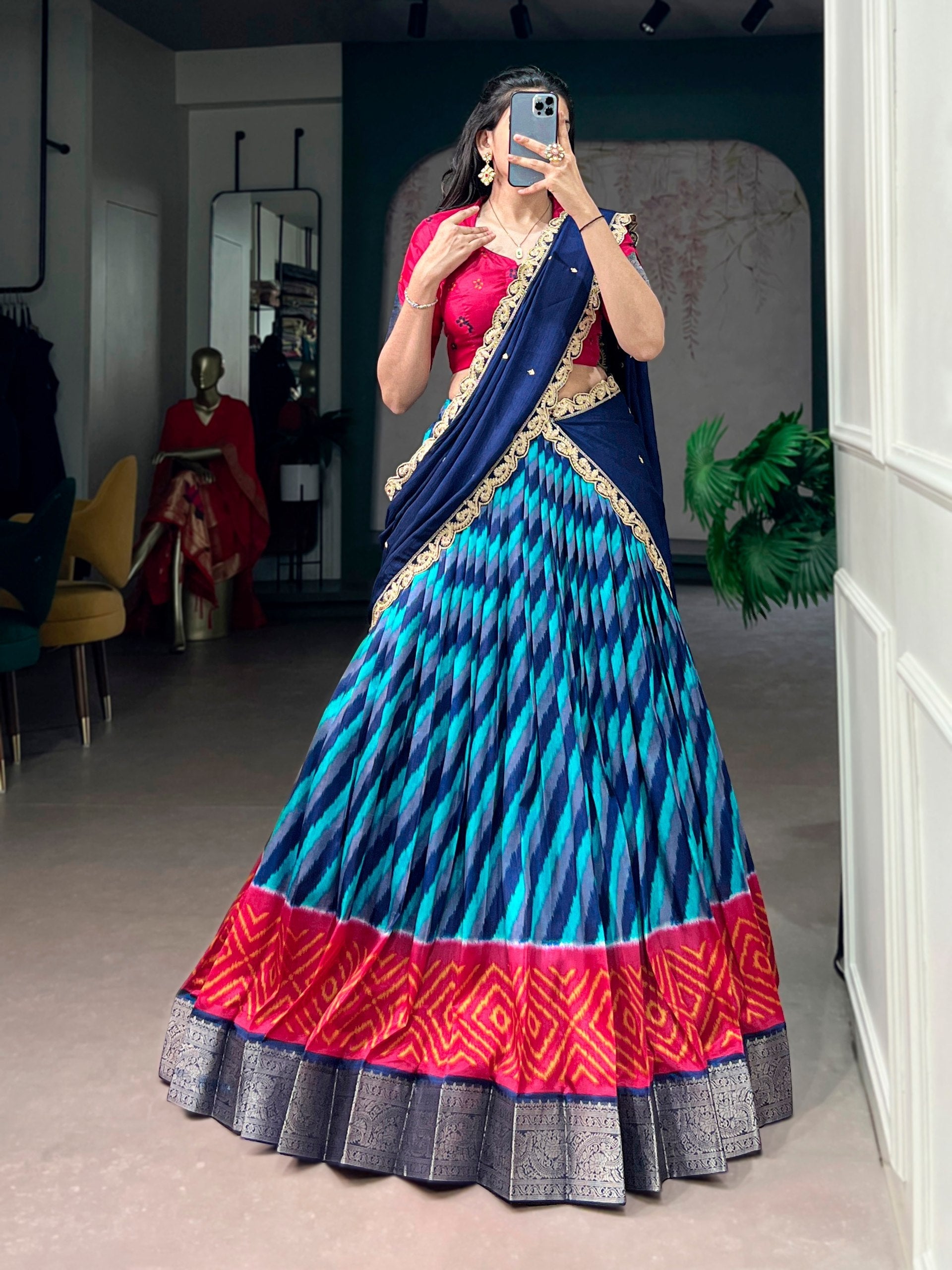 Firozi Silk Leheriya Print Lehenga Choli