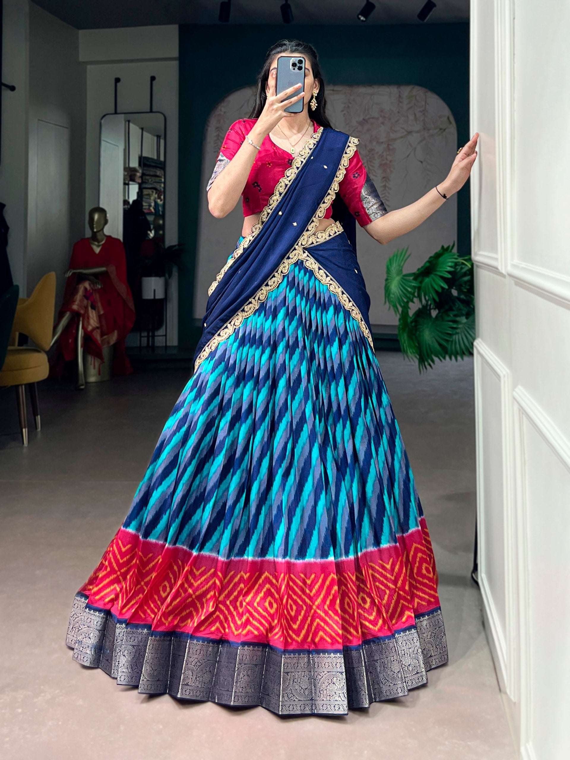 Firozi Silk Leheriya Print Lehenga Choli