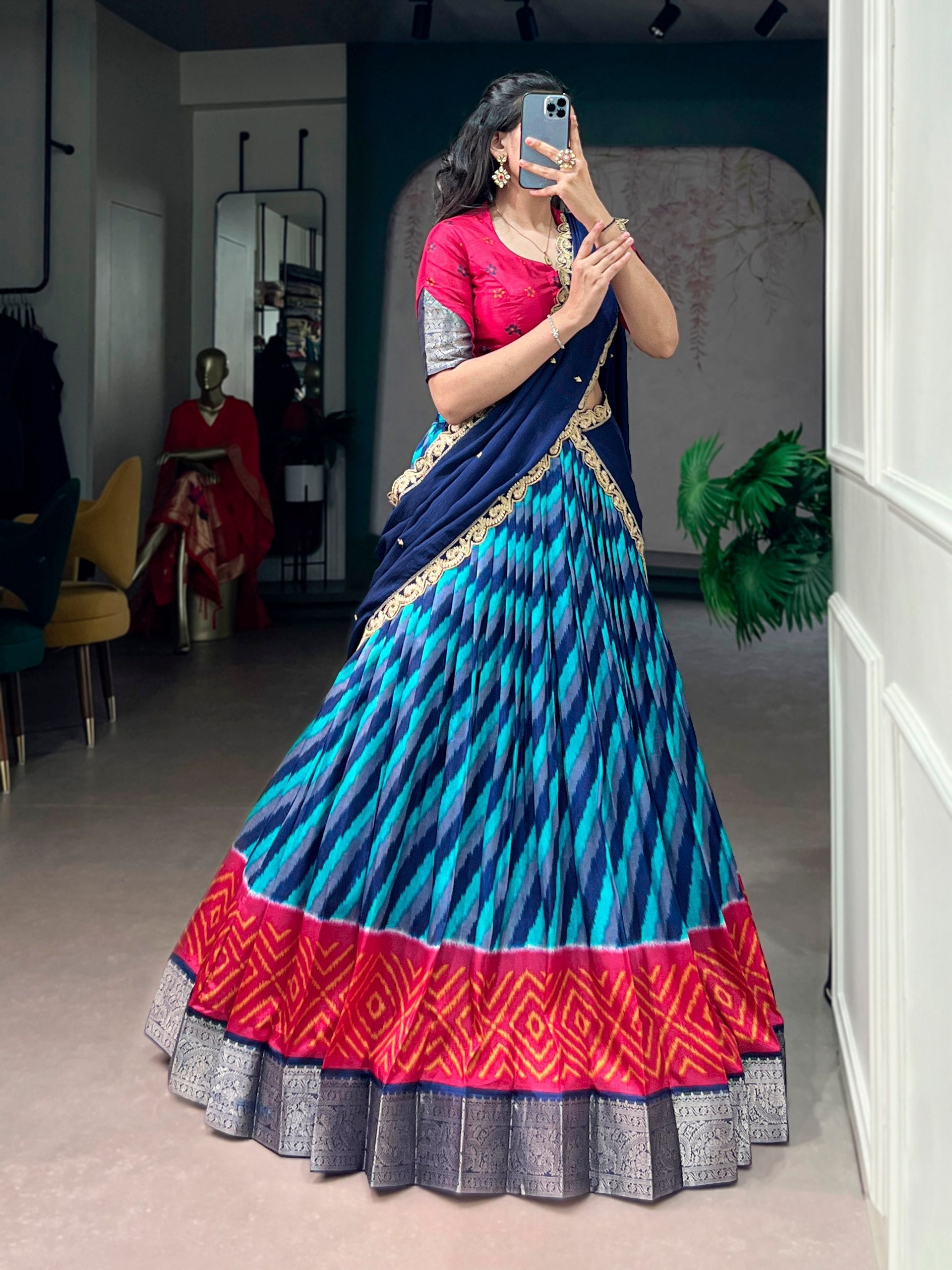 Firozi Silk Leheriya Print Lehenga Choli