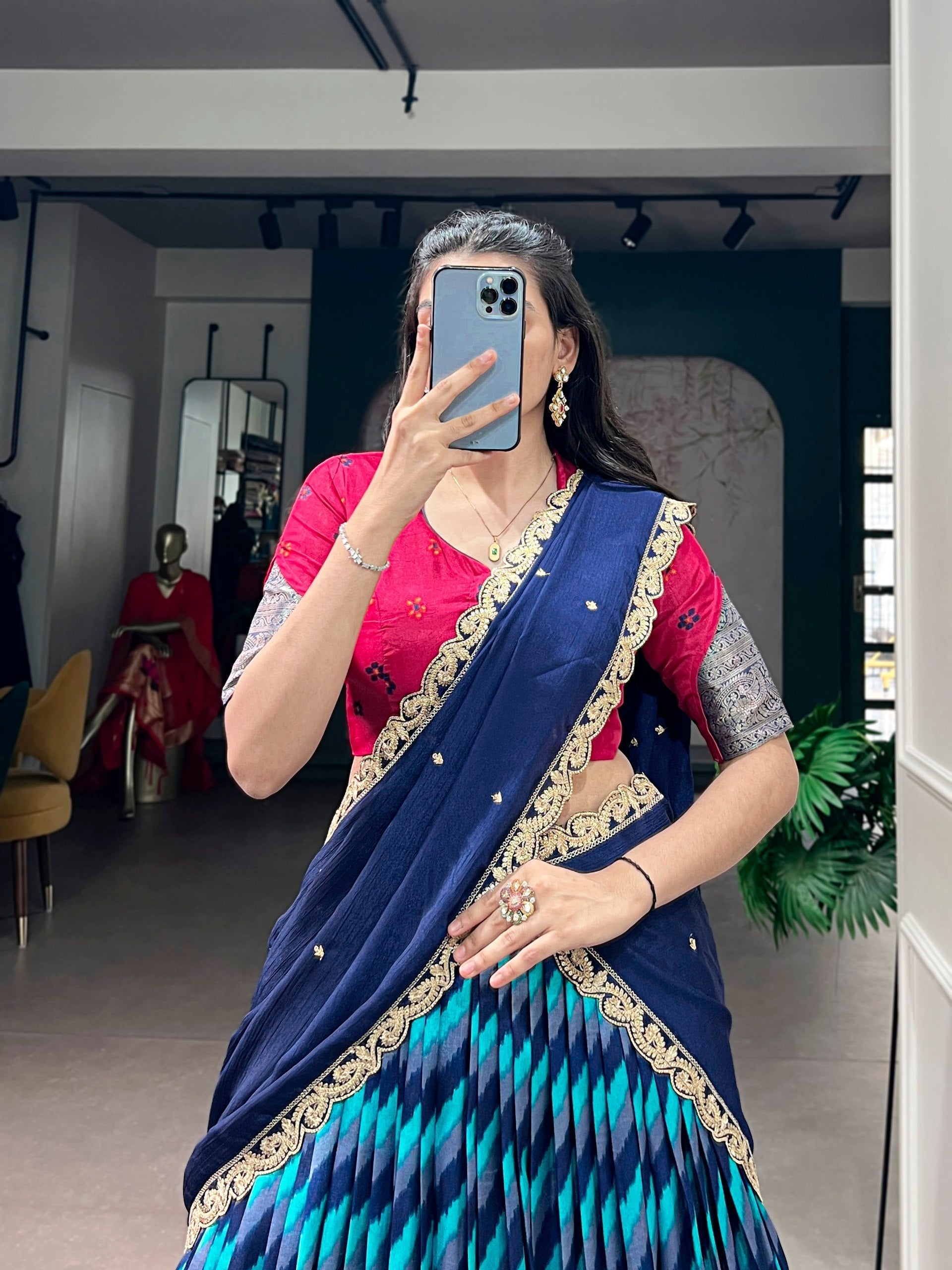 Firozi Silk Leheriya Print Lehenga Choli