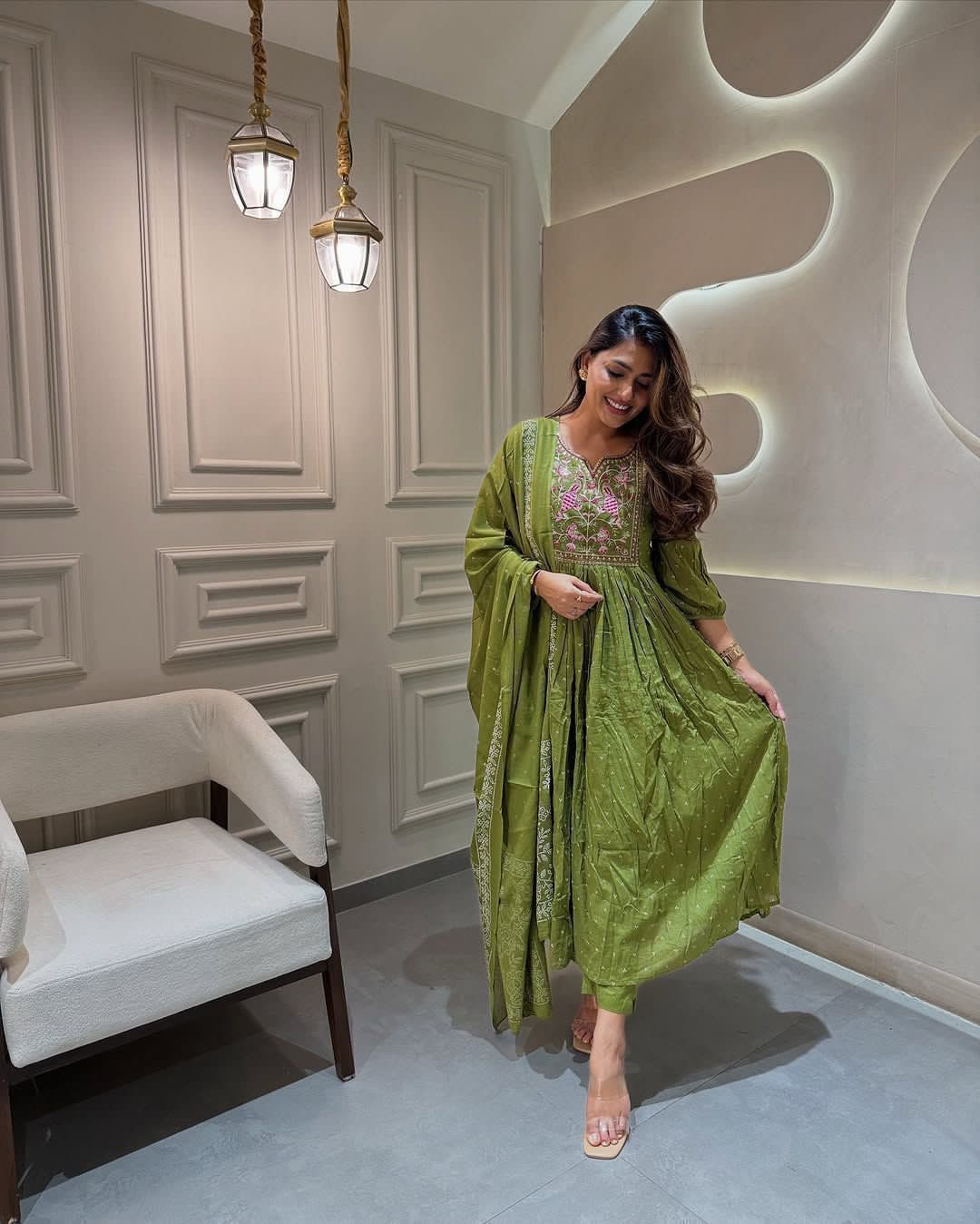 Flared Anarkali Cotton Suit with Pant & Malmal Dupatta