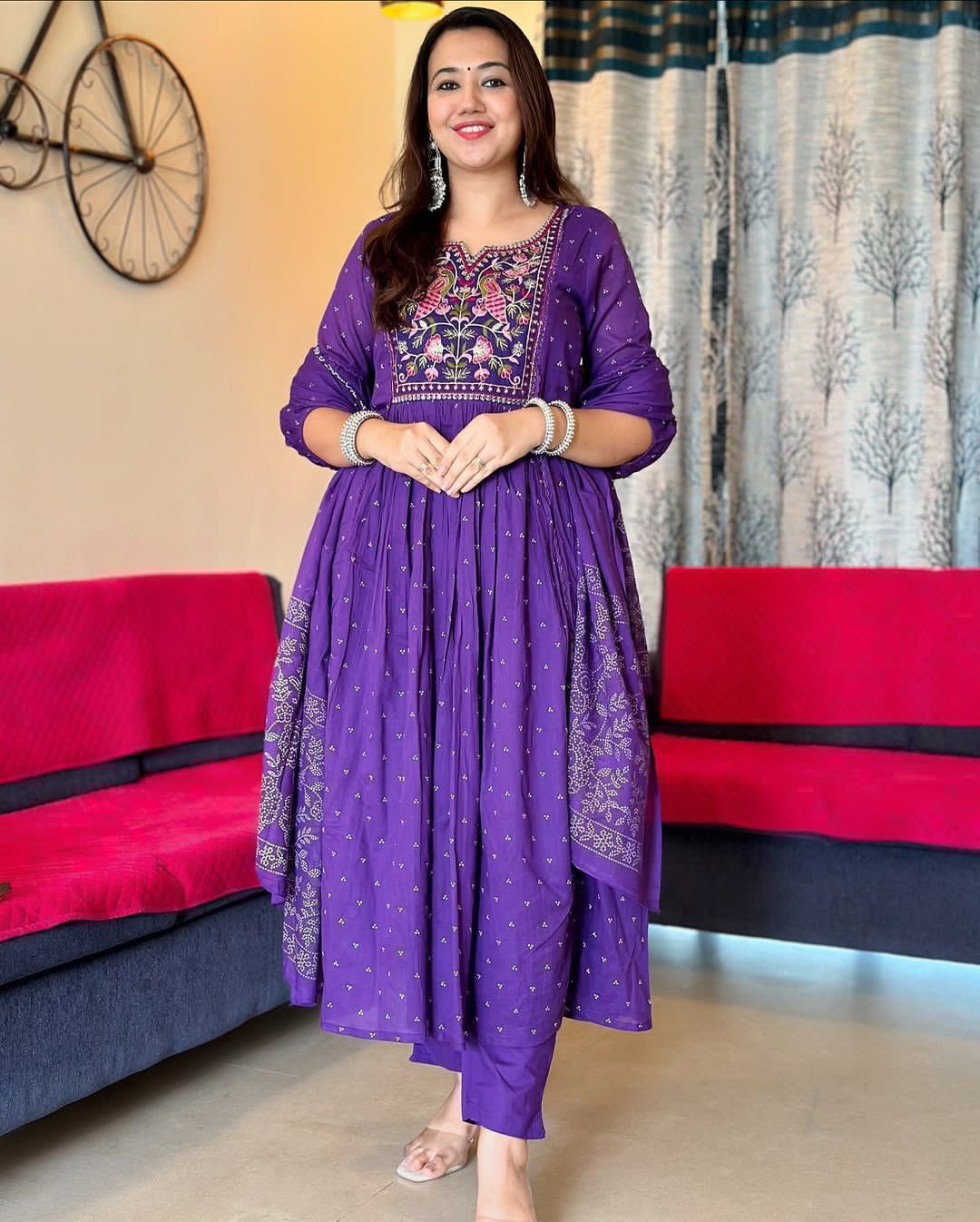 Flared Anarkali Cotton Suit with Pant & Malmal Dupatta