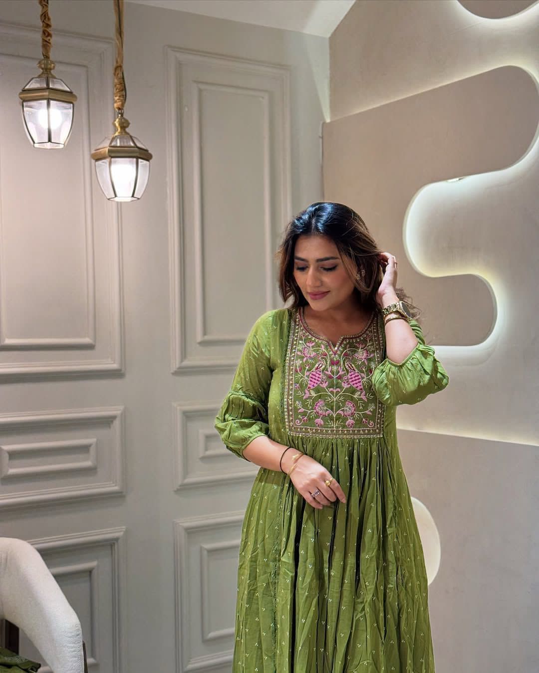 Flared Anarkali Cotton Suit with Pant & Malmal Dupatta