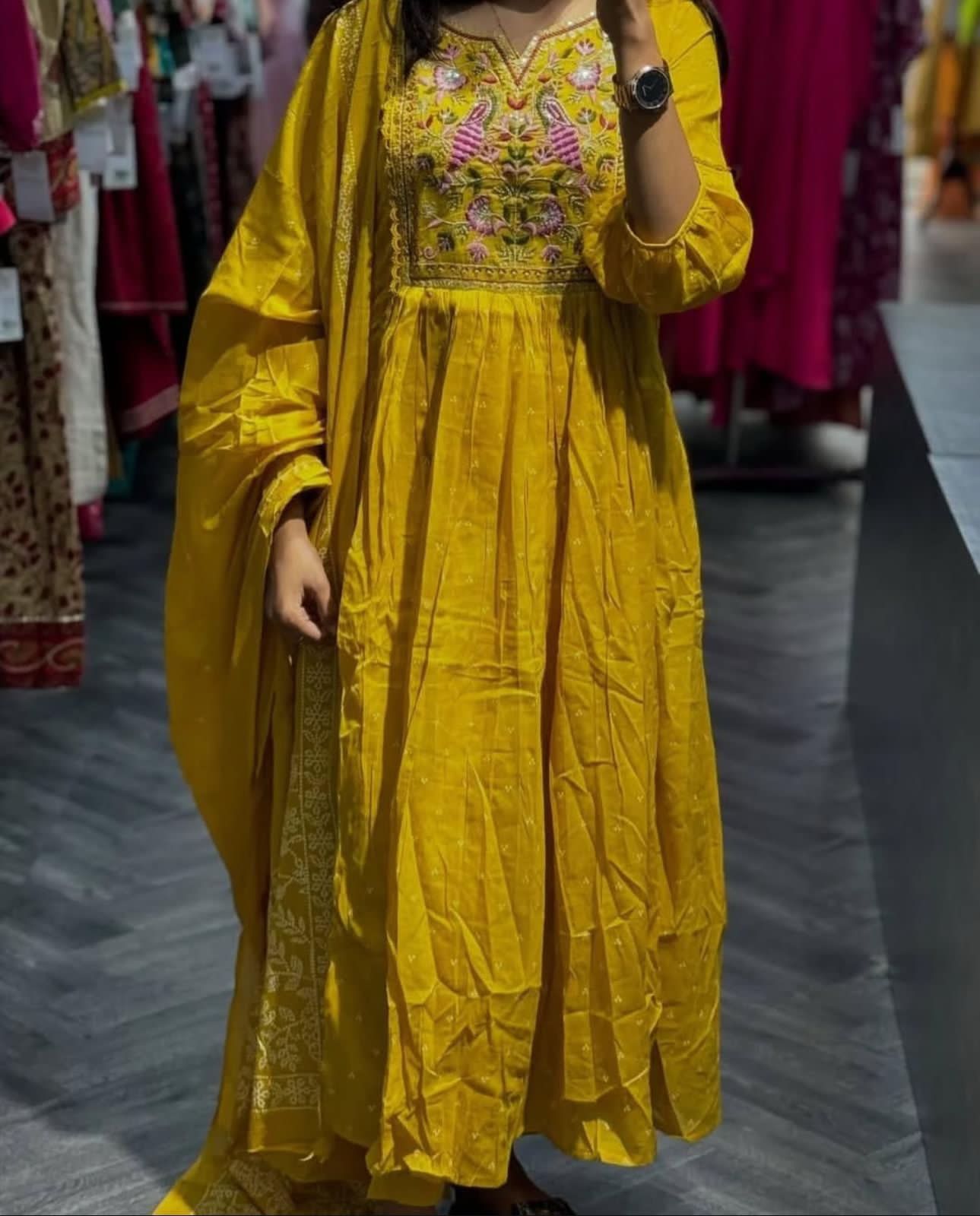 Flared Anarkali Cotton Suit with Pant & Malmal Dupatta