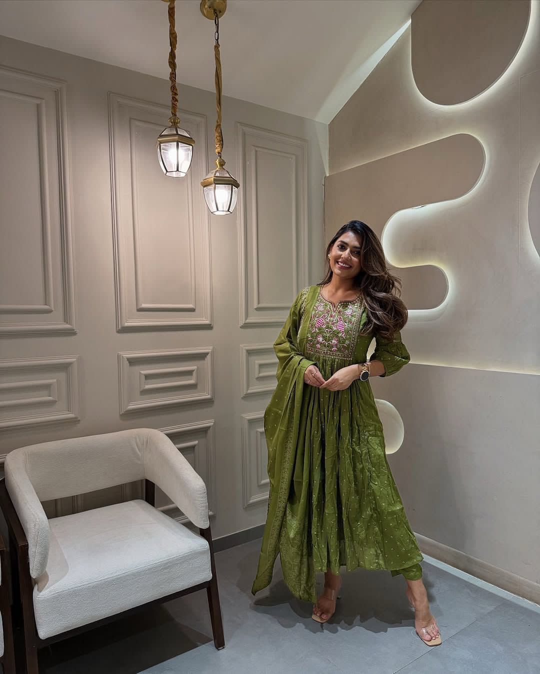 Flared Anarkali Cotton Suit with Pant & Malmal Dupatta