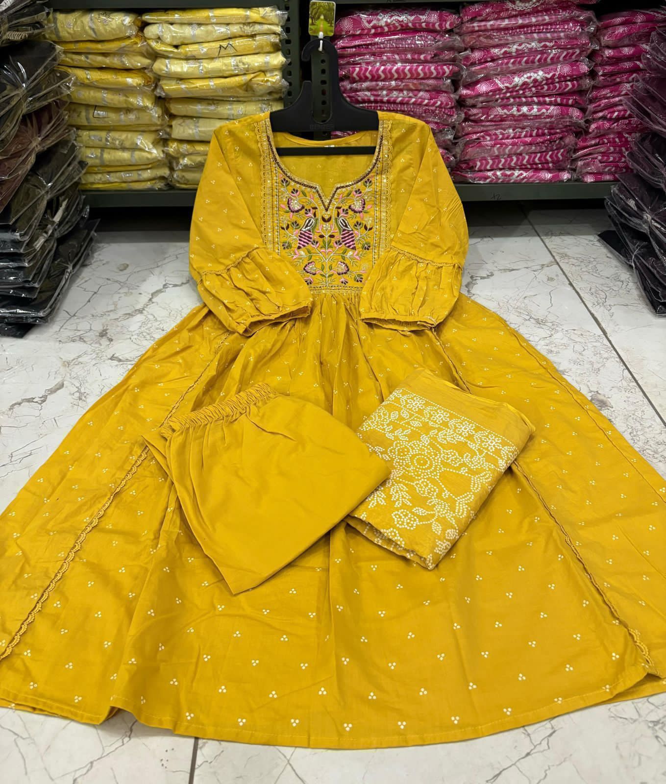 Flared Anarkali Cotton Suit with Pant & Malmal Dupatta