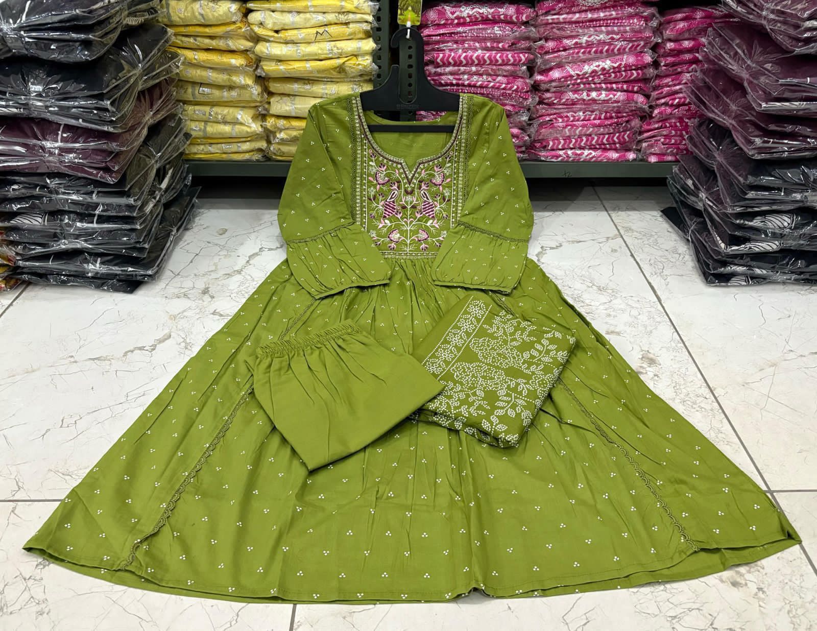 Flared Anarkali Cotton Suit with Pant & Malmal Dupatta