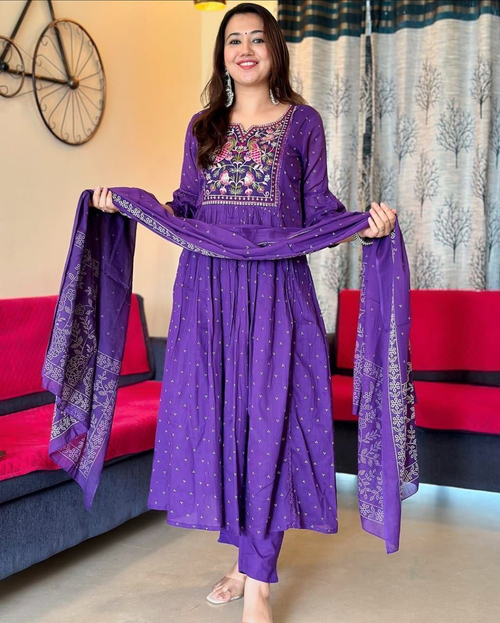 Flared Anarkali Kurta Set with Cotton Pant & Malmal Dupatta – Embroidered