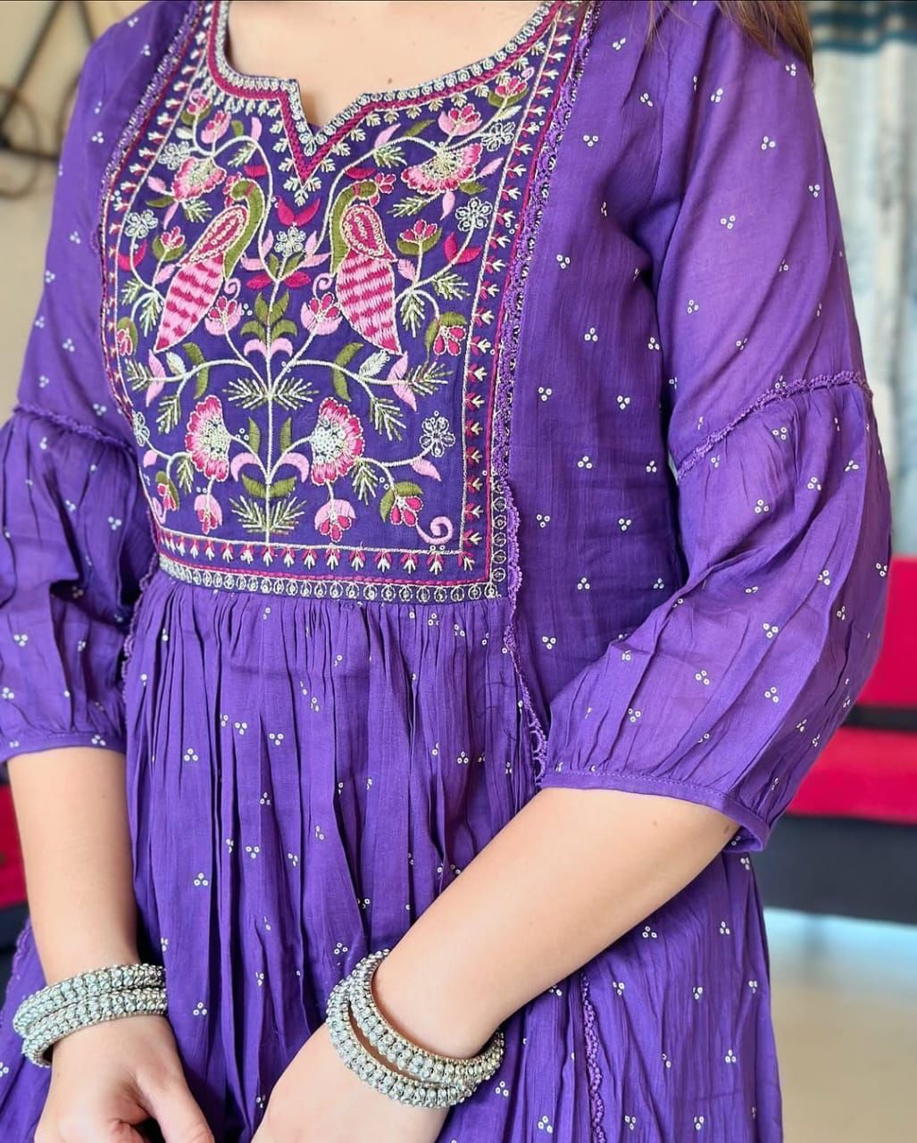Flared Anarkali Kurta Set with Cotton Pant & Malmal Dupatta – Embroidered