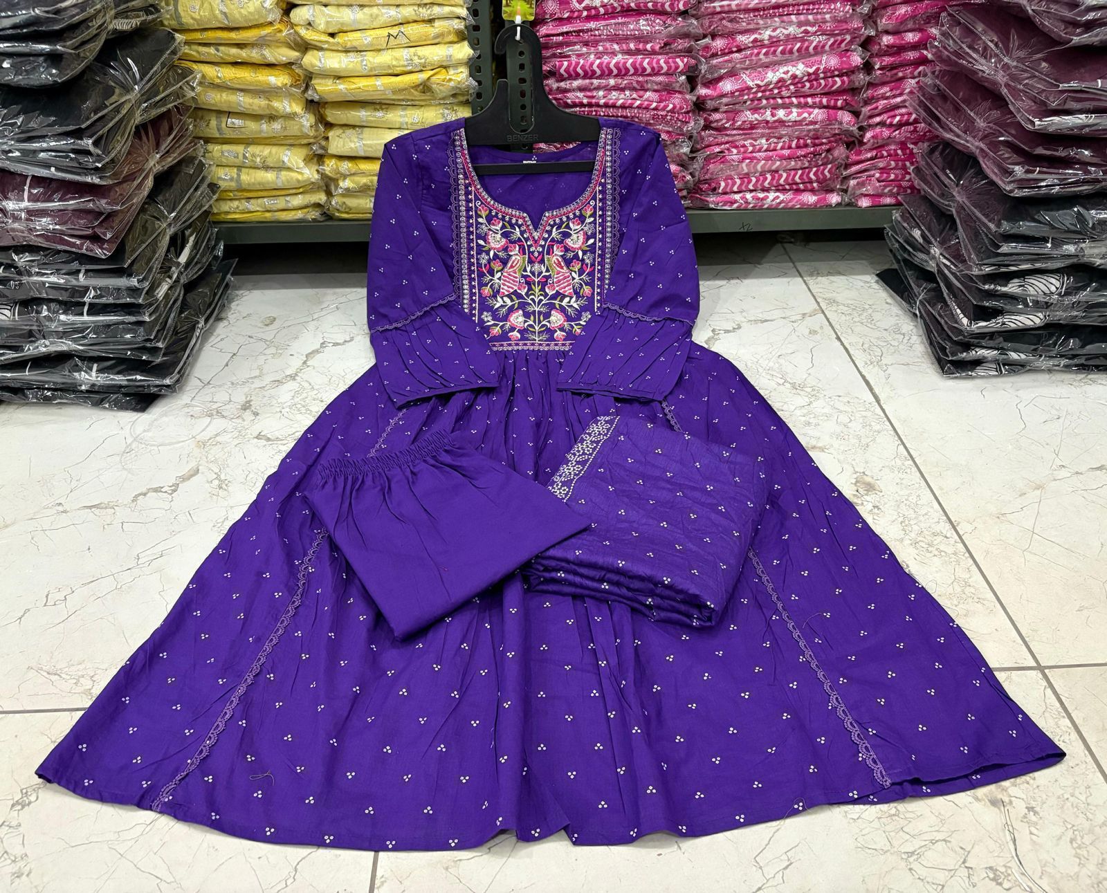 Flared Anarkali Kurta Set with Cotton Pant & Malmal Dupatta – Embroidered