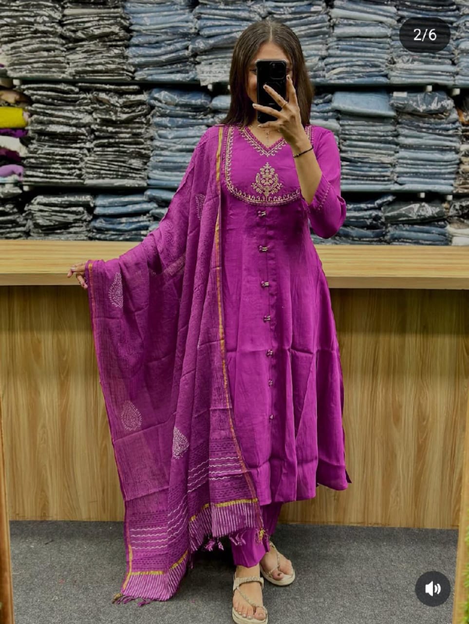 Flared Cotton Anarkali Kurta Set with Chanderi Block Dupatta