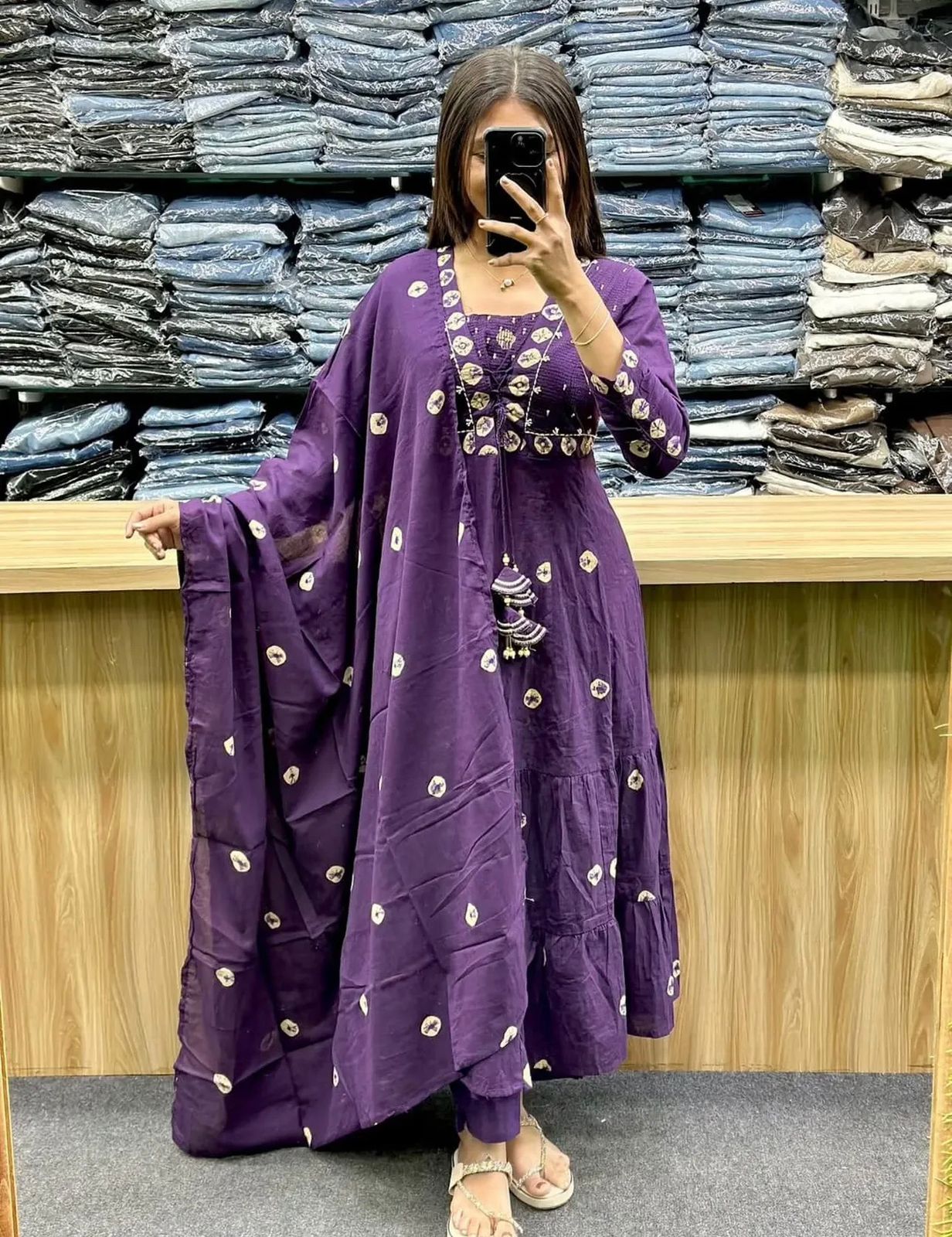Flared Cotton Discharge Print Kurti Pant Set with Malmal Dupatta