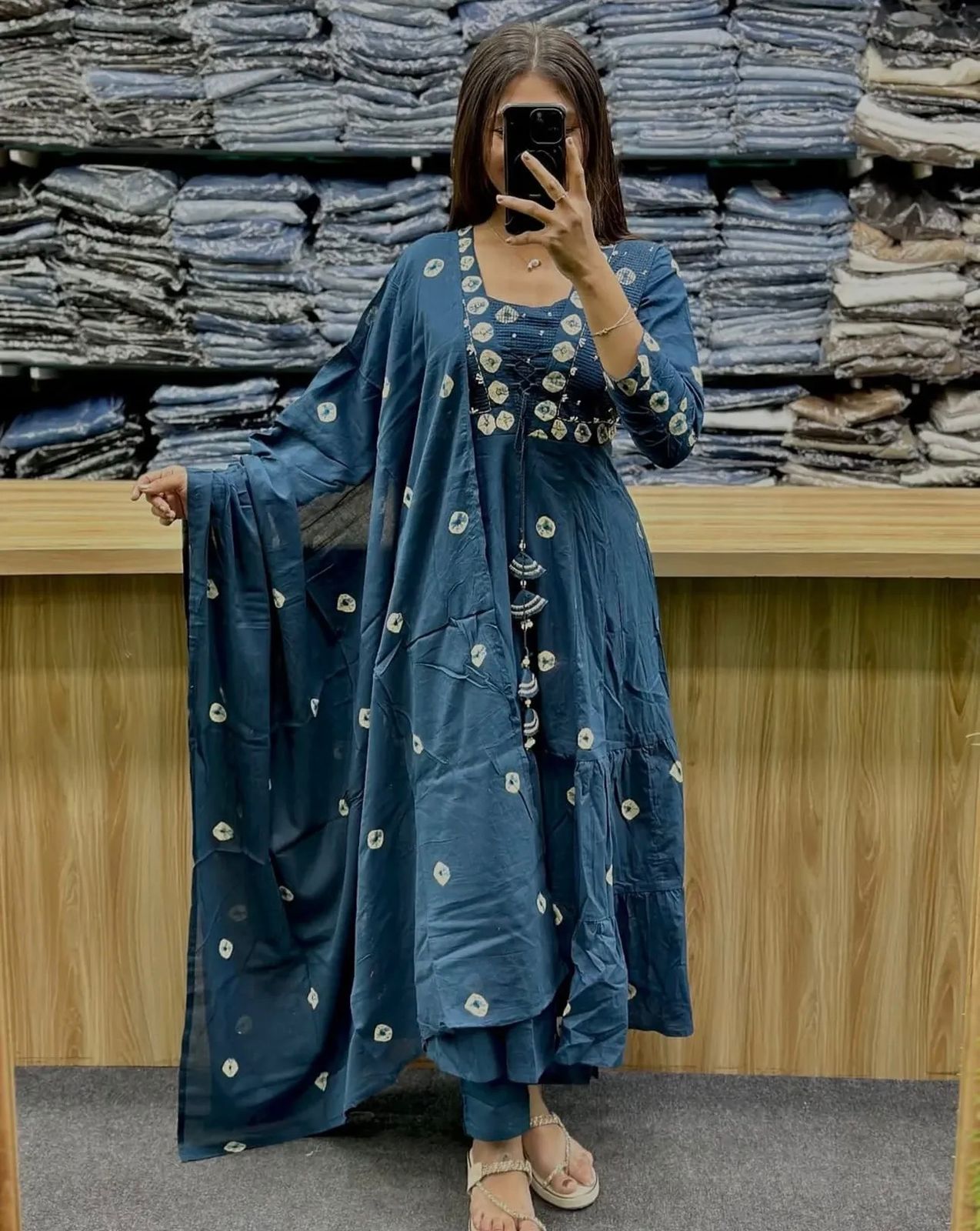 Flared Cotton Discharge Print Kurti Pant Set with Malmal Dupatta
