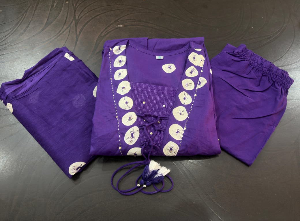 Flared Cotton Discharge Print Kurti Pant Set with Malmal Dupatta