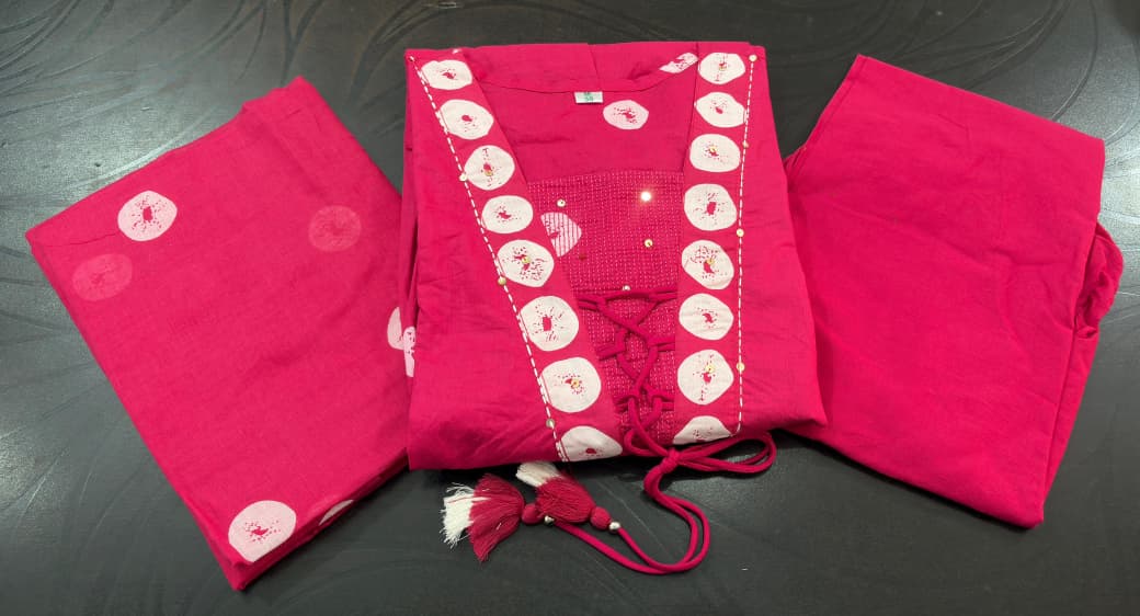 Flared Cotton Discharge Print Kurti Pant Set with Malmal Dupatta
