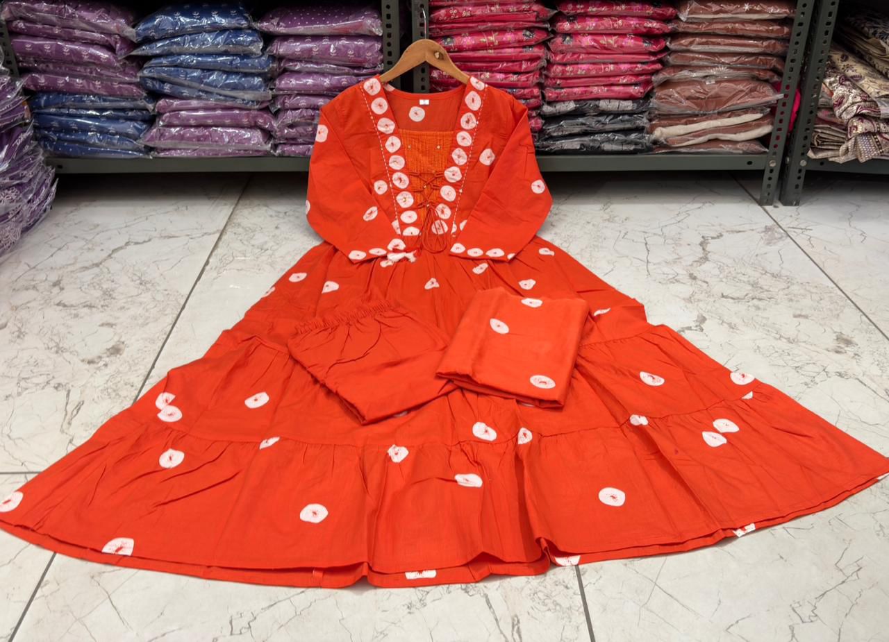 Flared Cotton Discharge Print Kurti Pant Set with Malmal Dupatta