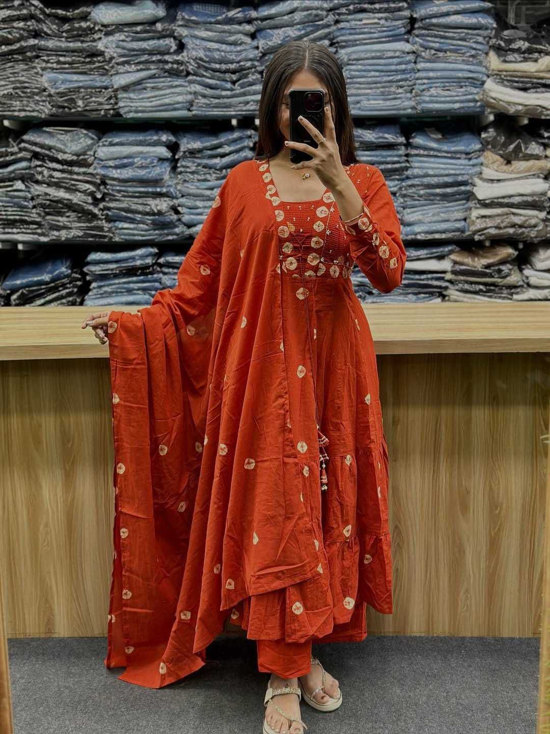Flared Cotton Discharge Printed Kurti Set with Pant & Malmal Dupatta