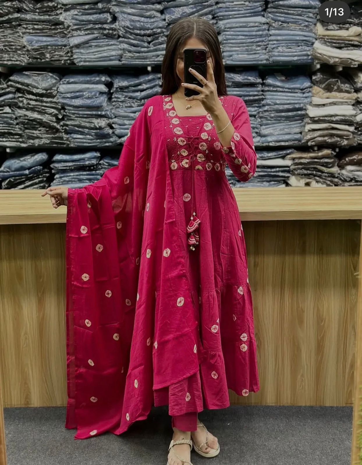 Flared Cotton Discharge Printed Kurti Set with Pant & Malmal Dupatta