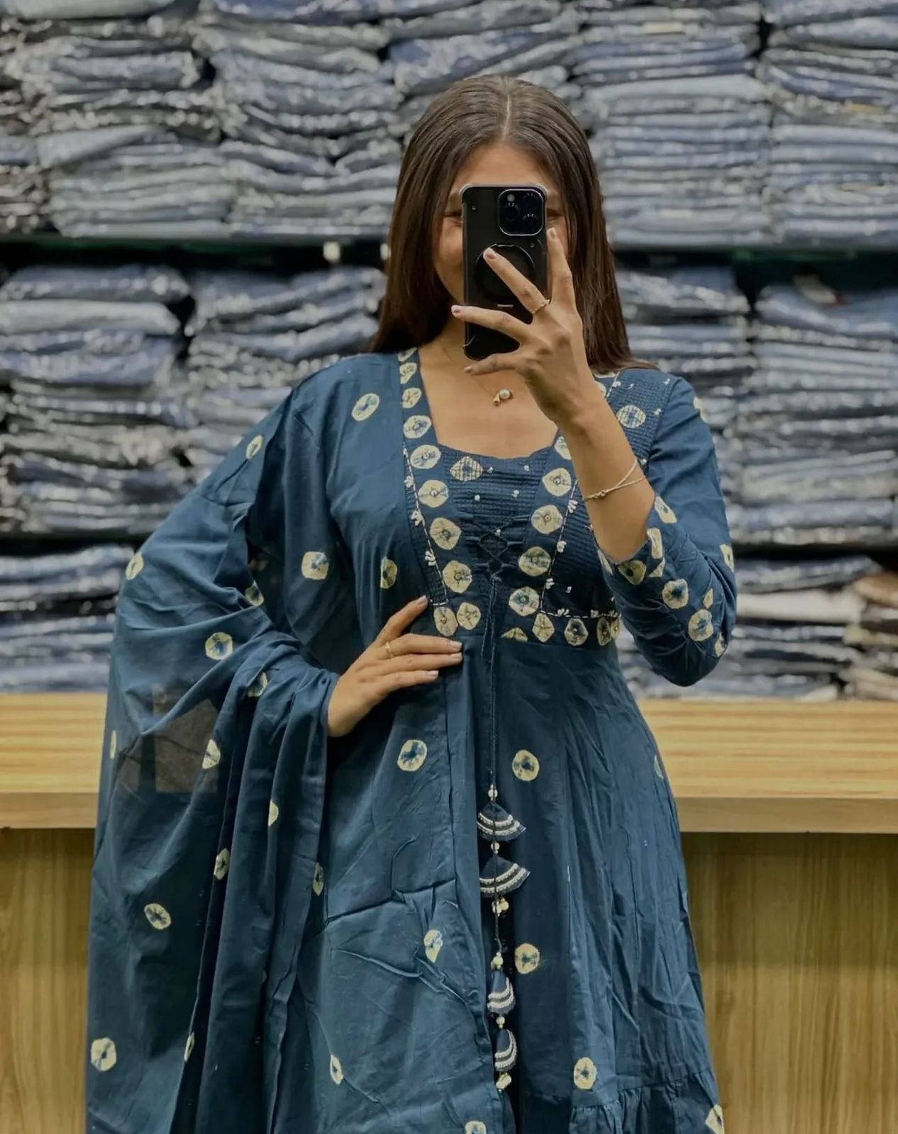 Flared Cotton Discharge Printed Kurti Set with Pant & Malmal Dupatta